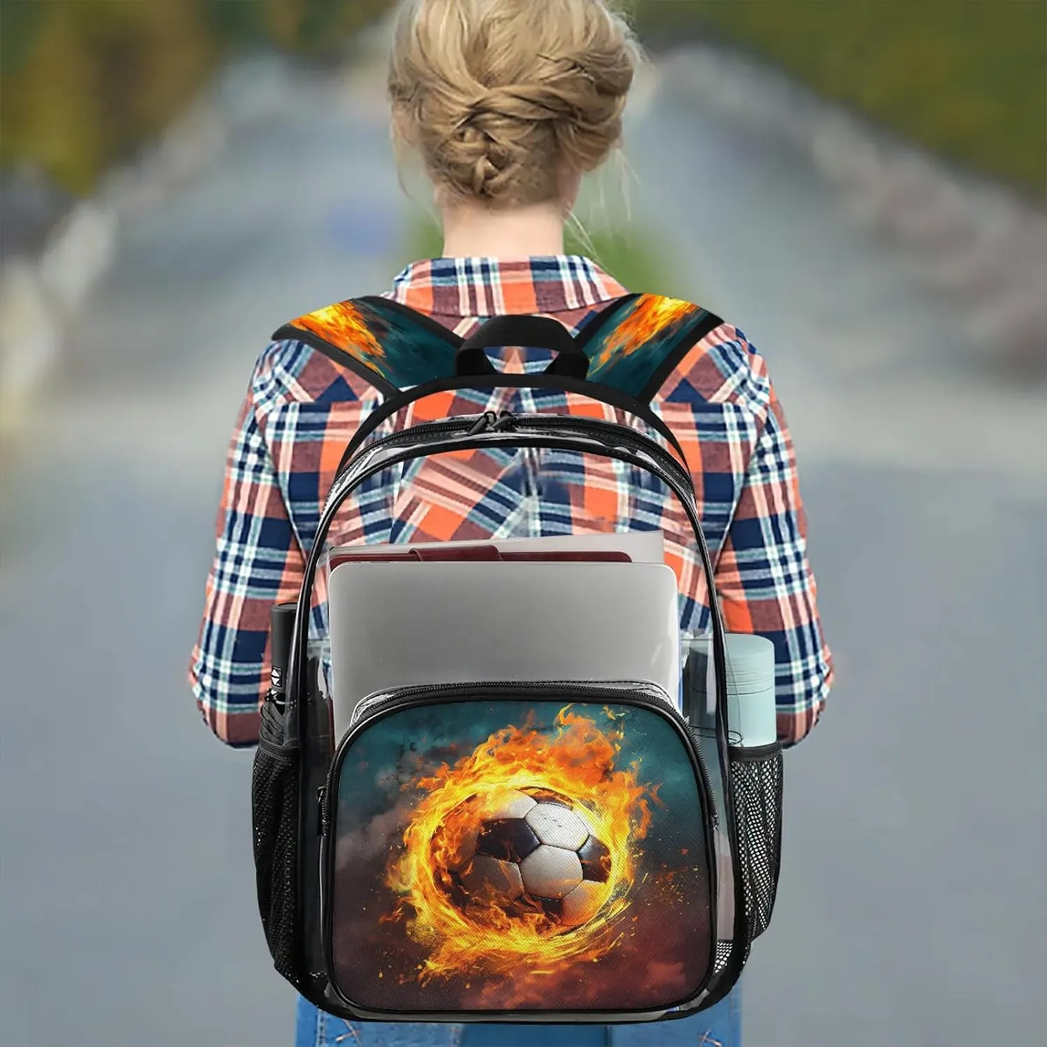 Fire Football Soccer Clear Backpack PVC Waterproof Transparent Backpack Heavy Duty See Through Backpacks with Reinforced Strap for Travel Outdoor Concert Work