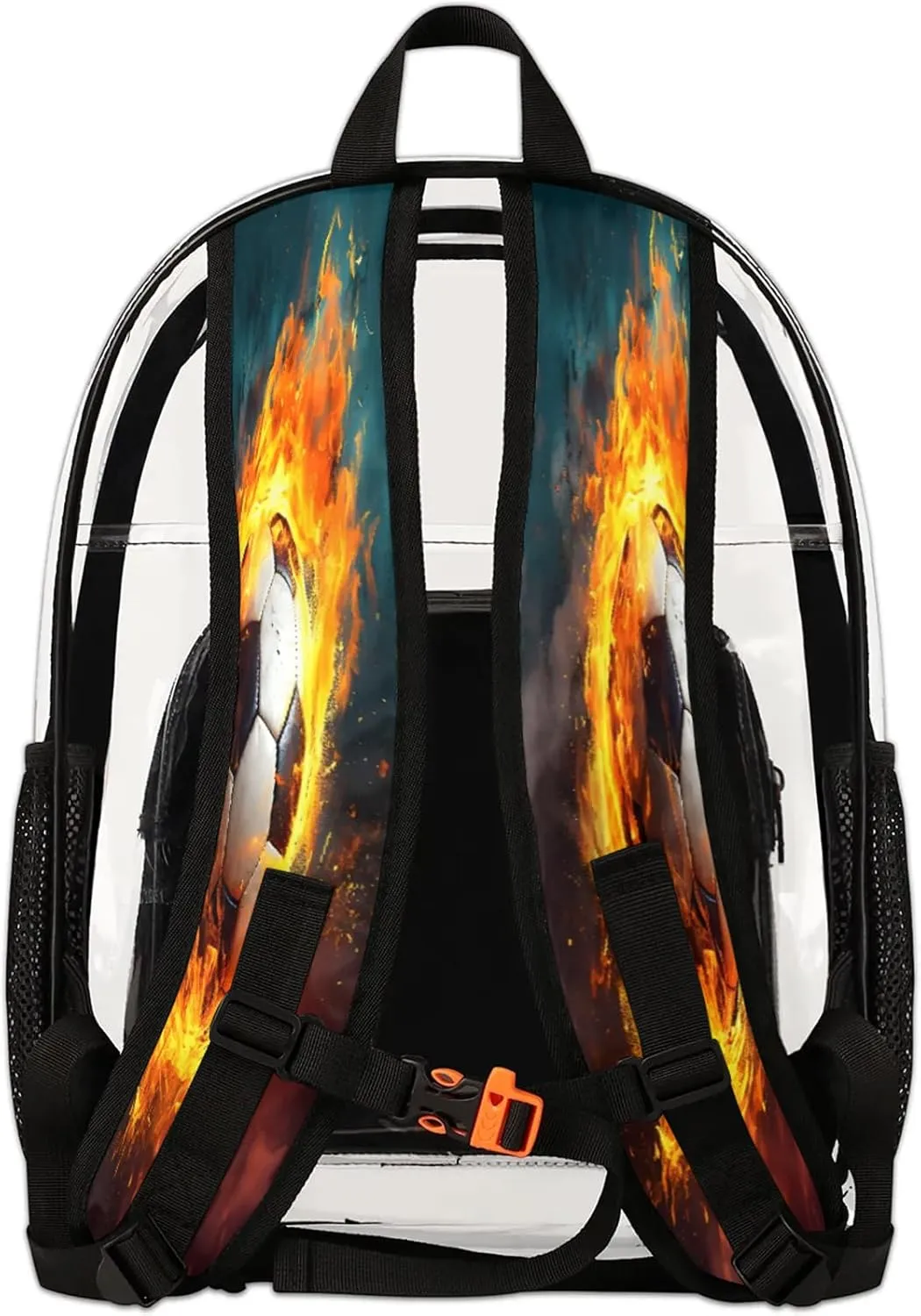 Fire Football Soccer Clear Backpack PVC Waterproof Transparent Backpack Heavy Duty See Through Backpacks with Reinforced Strap for Travel Outdoor Concert Work