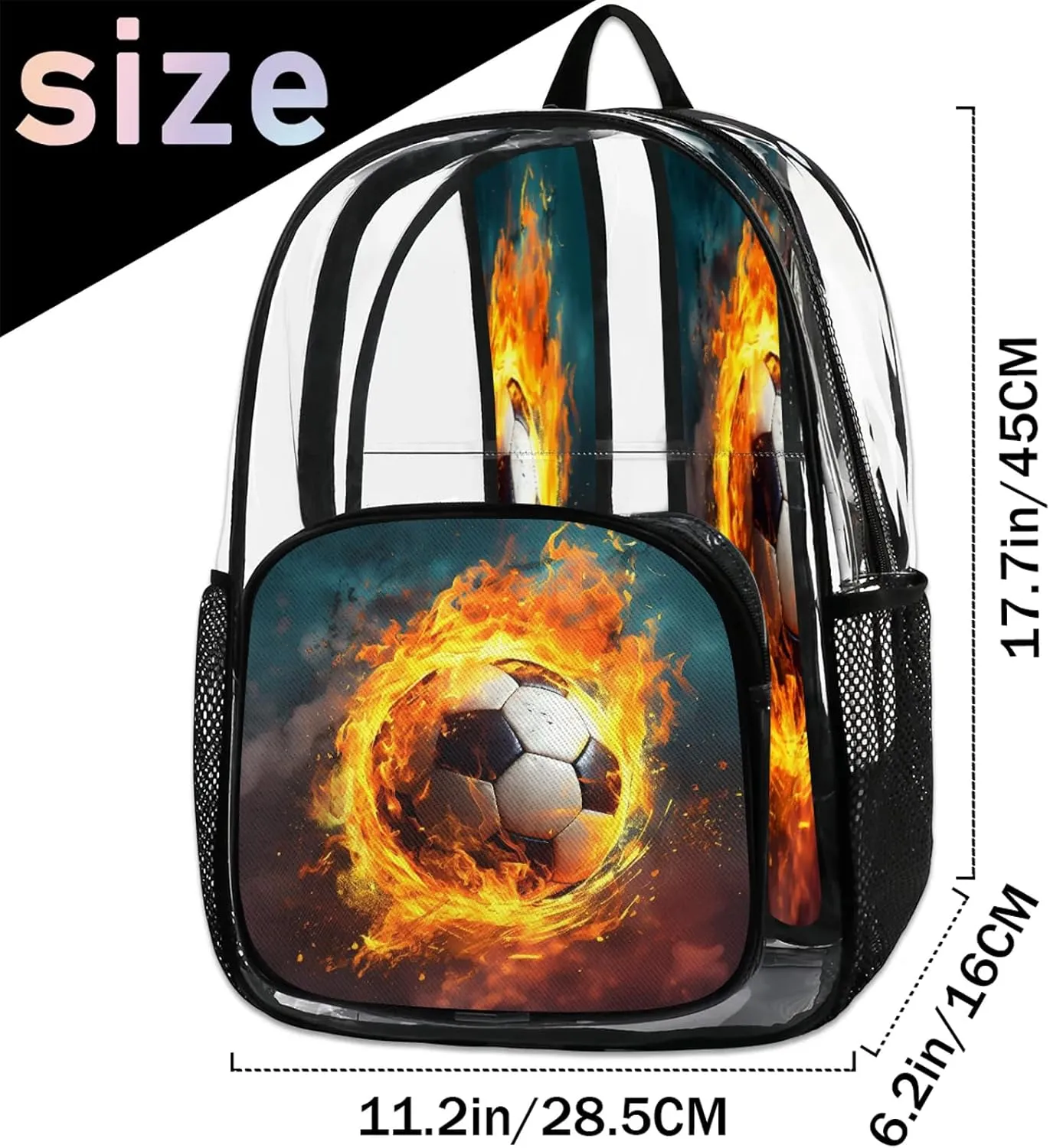 Fire Football Soccer Clear Backpack PVC Waterproof Transparent Backpack Heavy Duty See Through Backpacks with Reinforced Strap for Travel Outdoor Concert Work