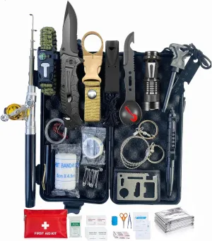 First Aid and Survival Kit, Outdoor Survival Gear Equipment with Telescopic Pen Fishing Rod for Camping Hunting Hiking Adventures, Birthday Gifts for Men Dad Him Husband Boyfriend Teen Boy