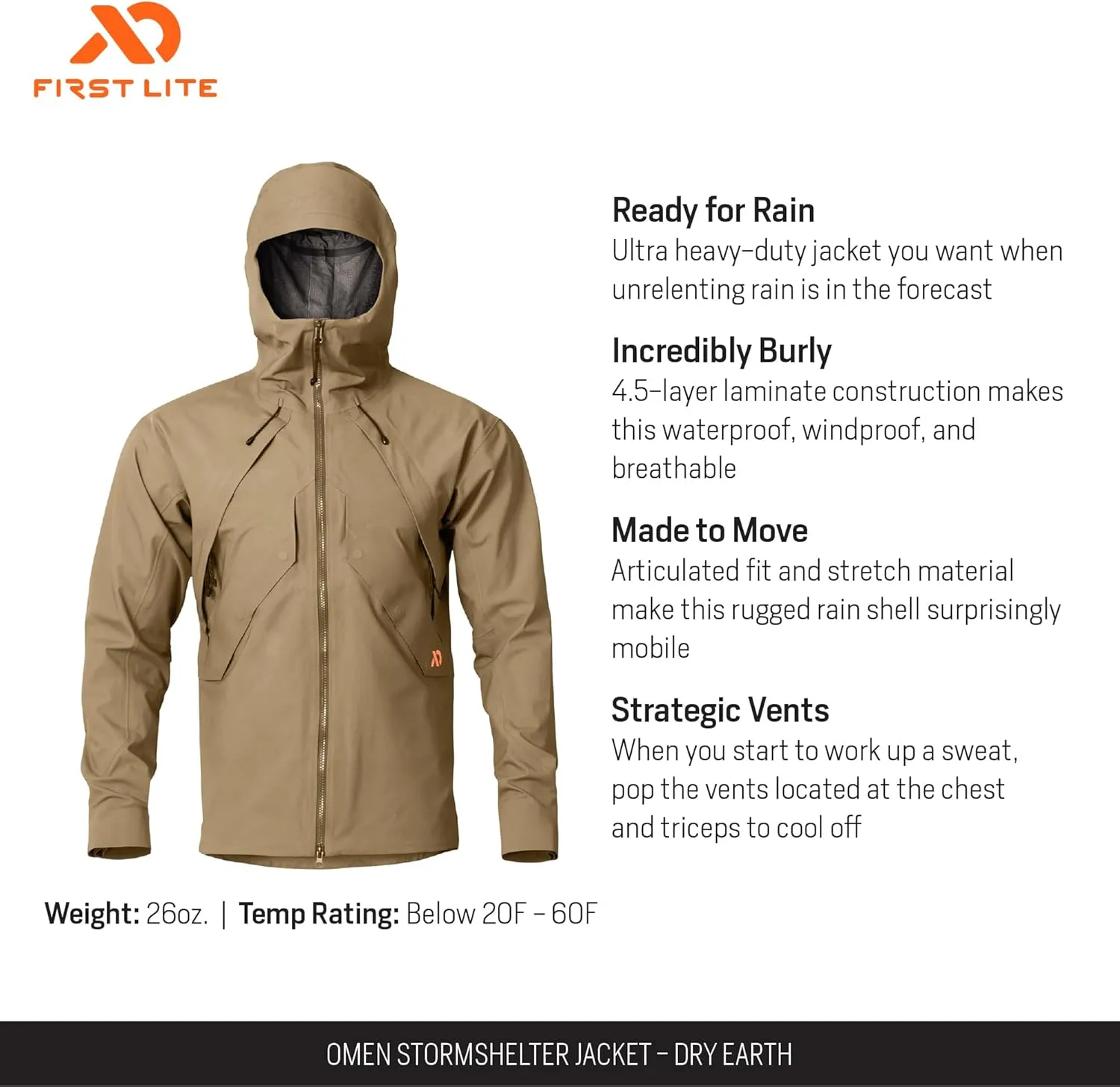 First Lite Men's Omen Stormshelter Jacket - Waterproof Durable Camo Hunting Rain Shell