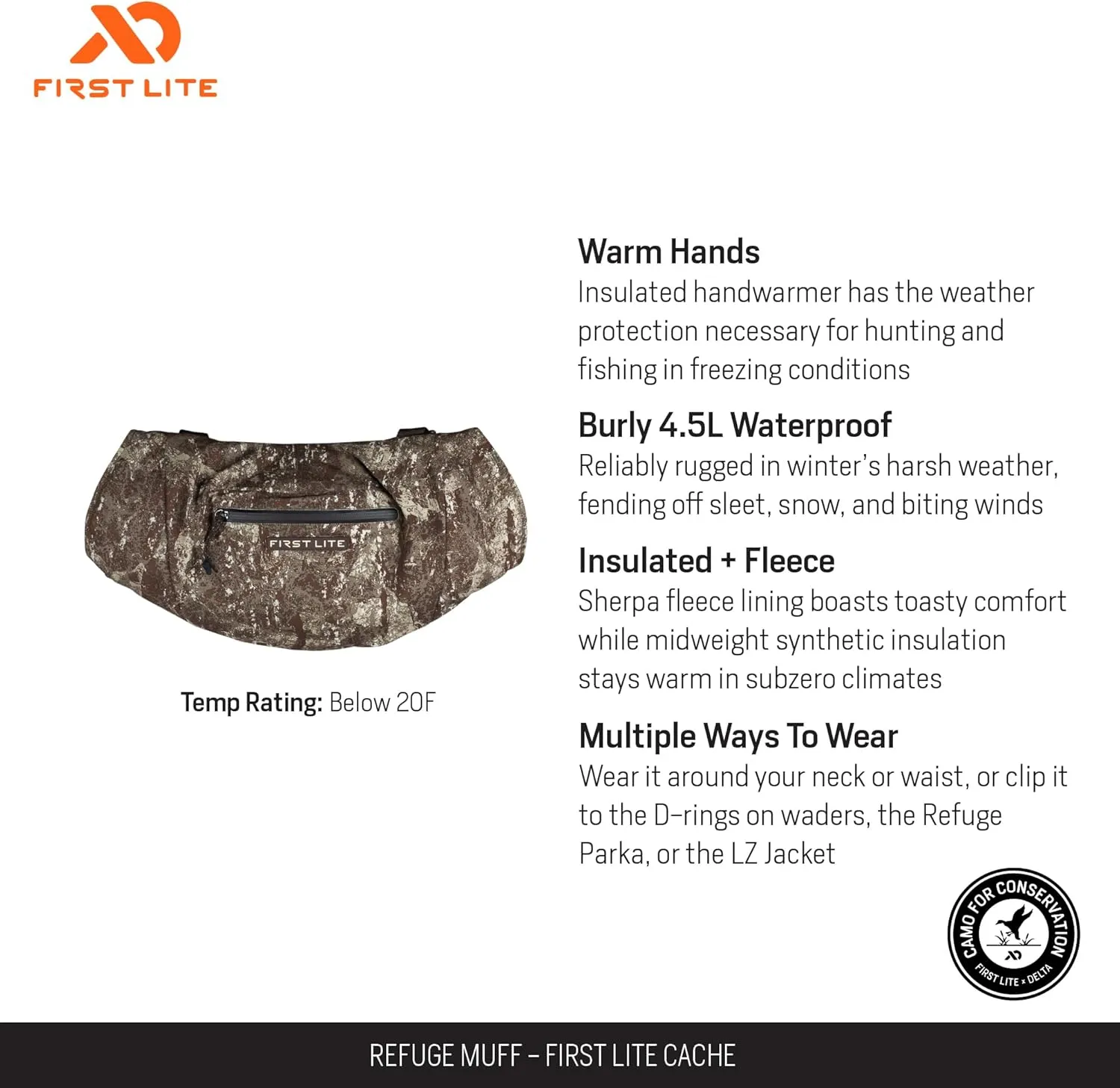 First Lite Refuge Insulated Hand Muff - Warm Windproof Merino Wool Lined Camo Hand Warmer