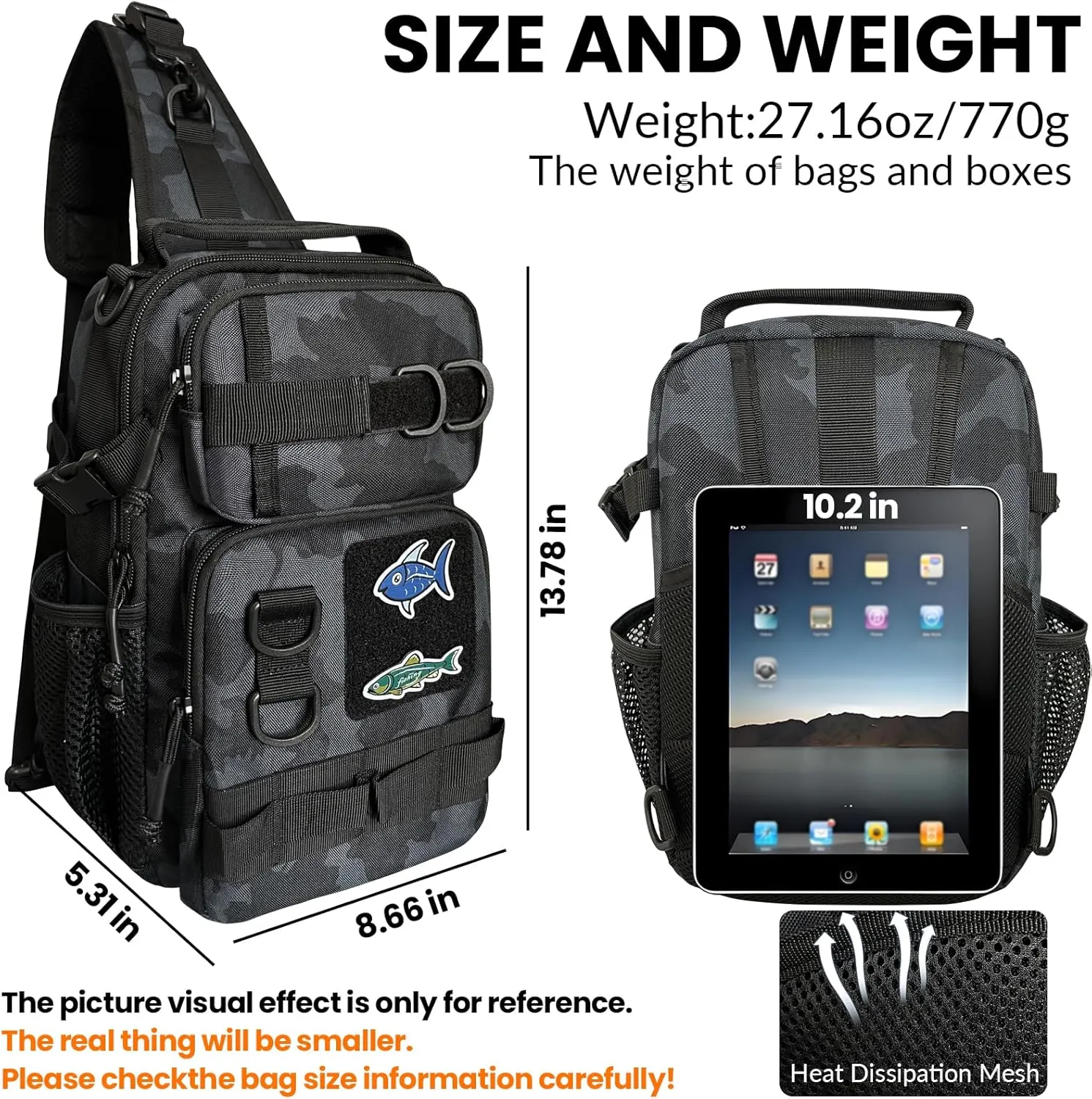 Fishing Backpack Tackle Storage Bag with Tackle Boxes DIY Logos Lightweight Fish Shoulder Bag with Rod Holder Multiple pockets Fishing Sling Tackle Bag(Blackcamo)
