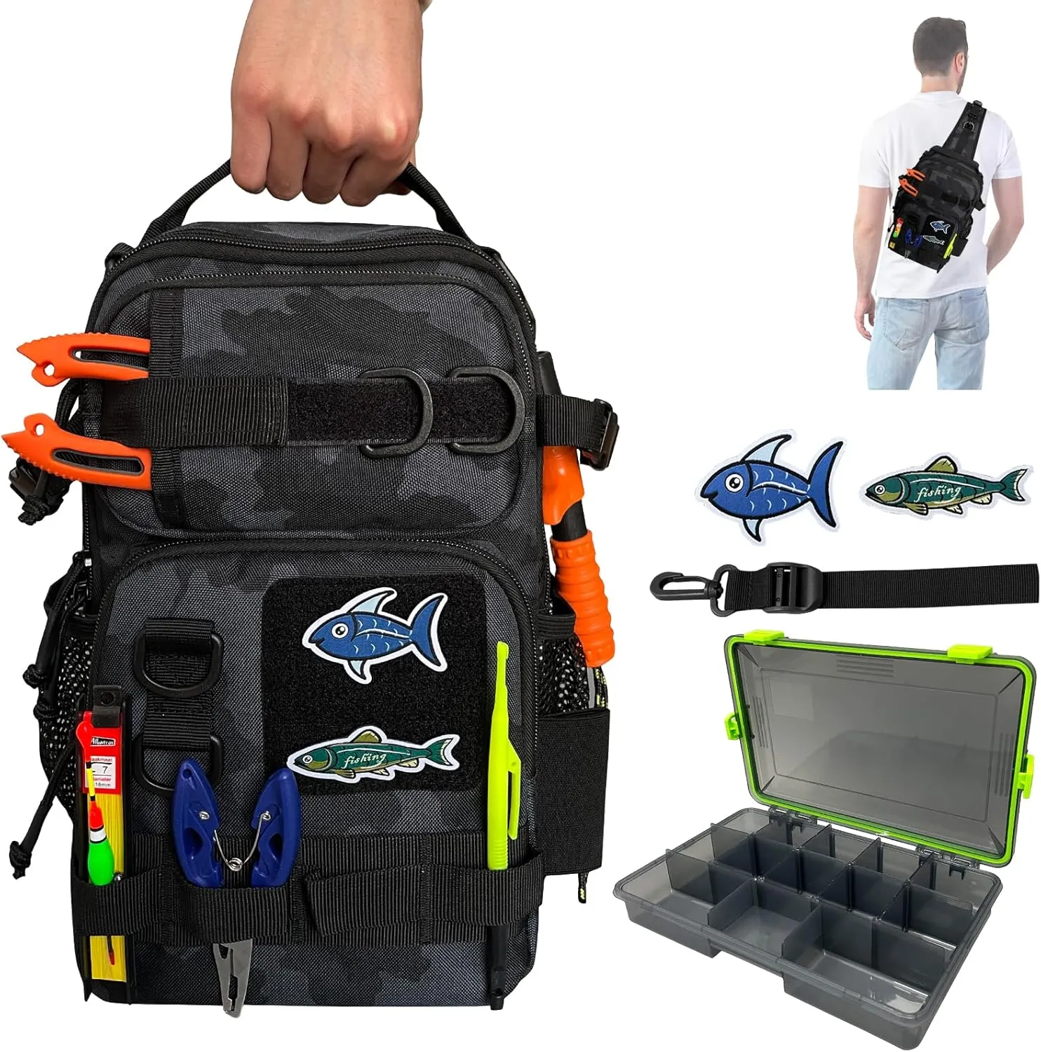 Fishing Backpack Tackle Storage Bag with Tackle Boxes DIY Logos Lightweight Fish Shoulder Bag with Rod Holder Multiple pockets Fishing Sling Tackle Bag(Blackcamo)