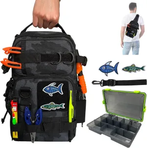 Fishing Backpack Tackle Storage Bag with Tackle Boxes DIY Logos Lightweight Fish Shoulder Bag with Rod Holder Multiple pockets Fishing Sling Tackle Bag(Blackcamo)