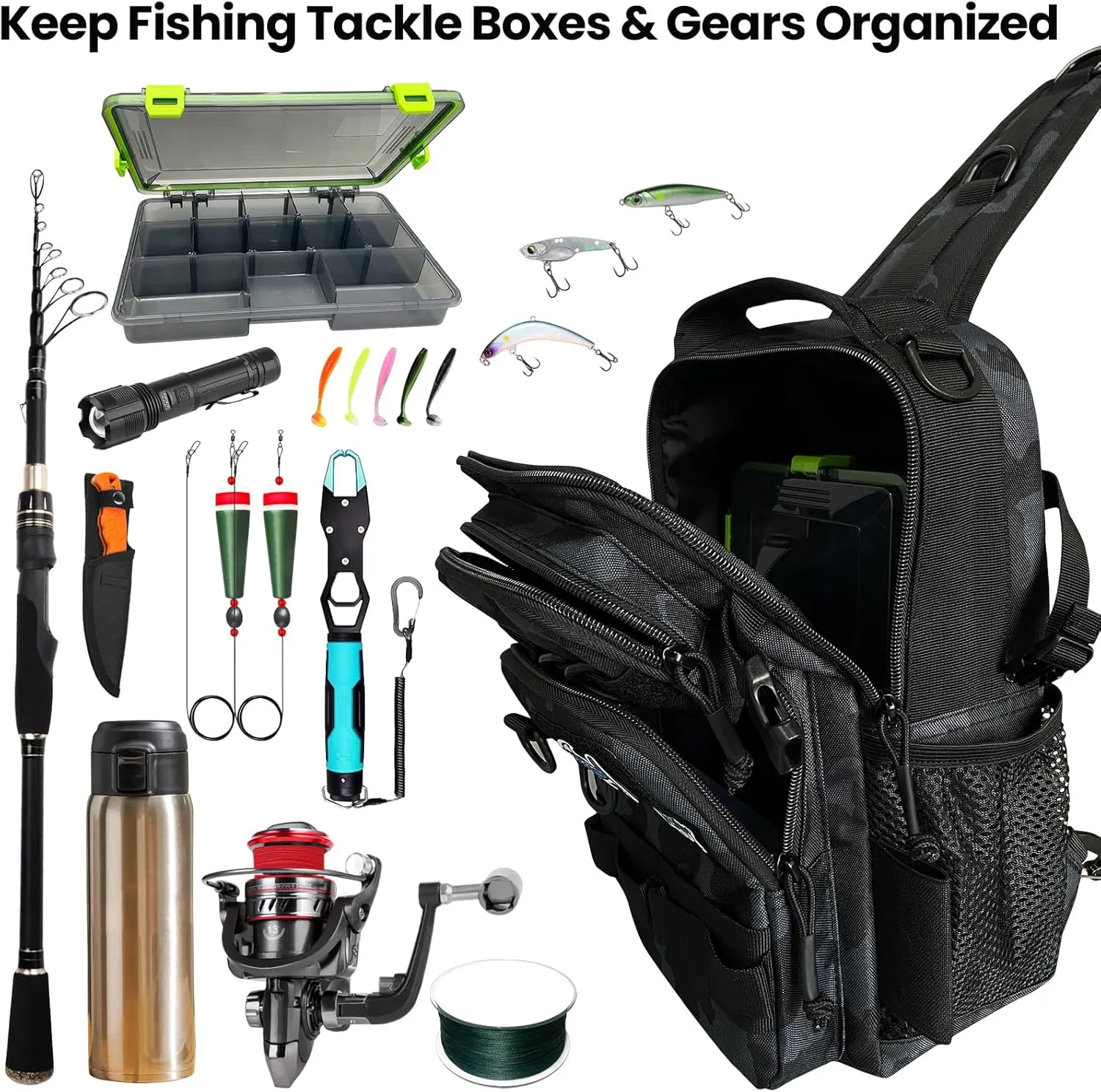 Fishing Backpack Tackle Storage Bag with Tackle Boxes DIY Logos Lightweight Fish Shoulder Bag with Rod Holder Multiple pockets Fishing Sling Tackle Bag(Blackcamo)