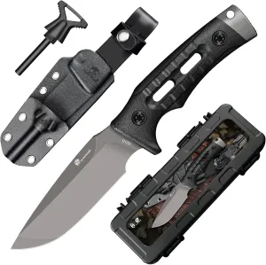 Fixed Blade Camping Knife with Fire Starter, Premium DC53 Steel Full Tang Bushcraft Survival Knife with Kydex Sheath for EDC, Outdoor, hunting, Hiking (Black)