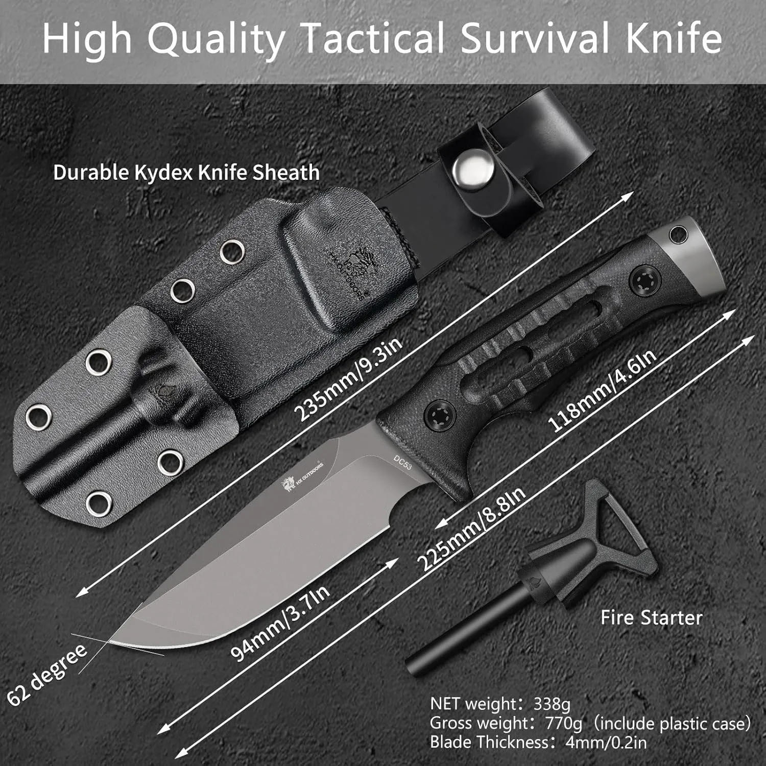 Fixed Blade Camping Knife with Fire Starter, Premium DC53 Steel Full Tang Bushcraft Survival Knife with Kydex Sheath for EDC, Outdoor, hunting, Hiking (Black)