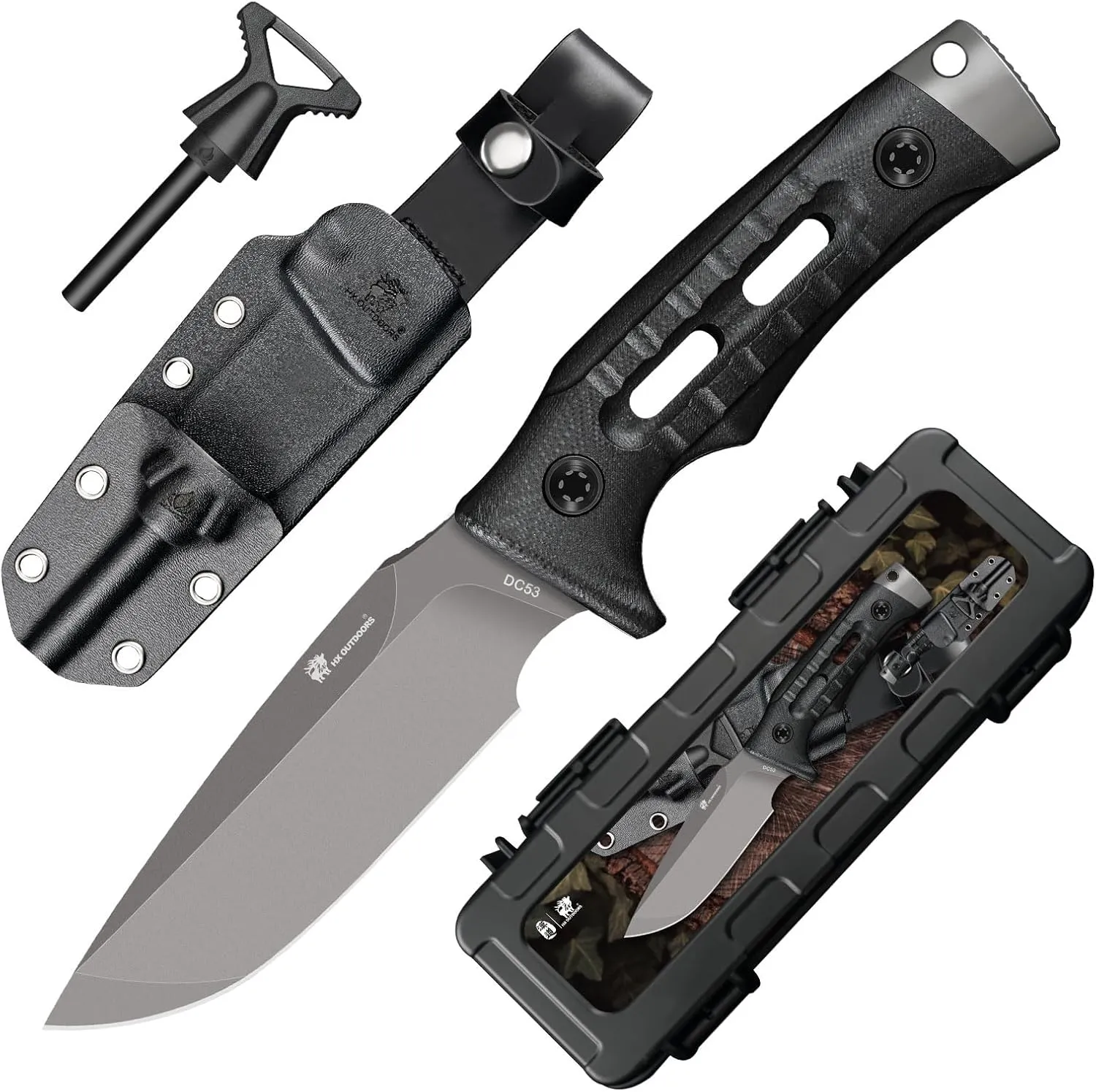 Fixed Blade Camping Knife with Fire Starter, Premium DC53 Steel Full Tang Bushcraft Survival Knife with Kydex Sheath for EDC, Outdoor, hunting, Hiking (Black)