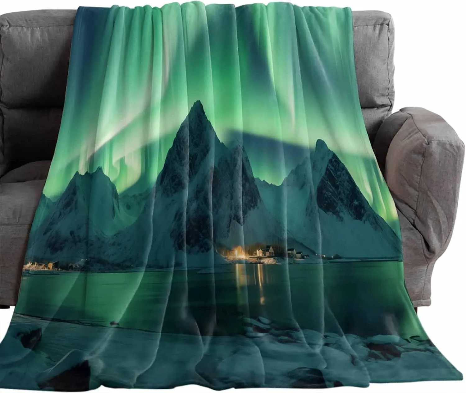 Flannel Fleece Blanket, Winter Polar Ice Islands Ocean Scenery Green Soft Lightweight Coverlet Bedding Throw Blanket for Couch Bed Sofa Travel, 30x40 Inch