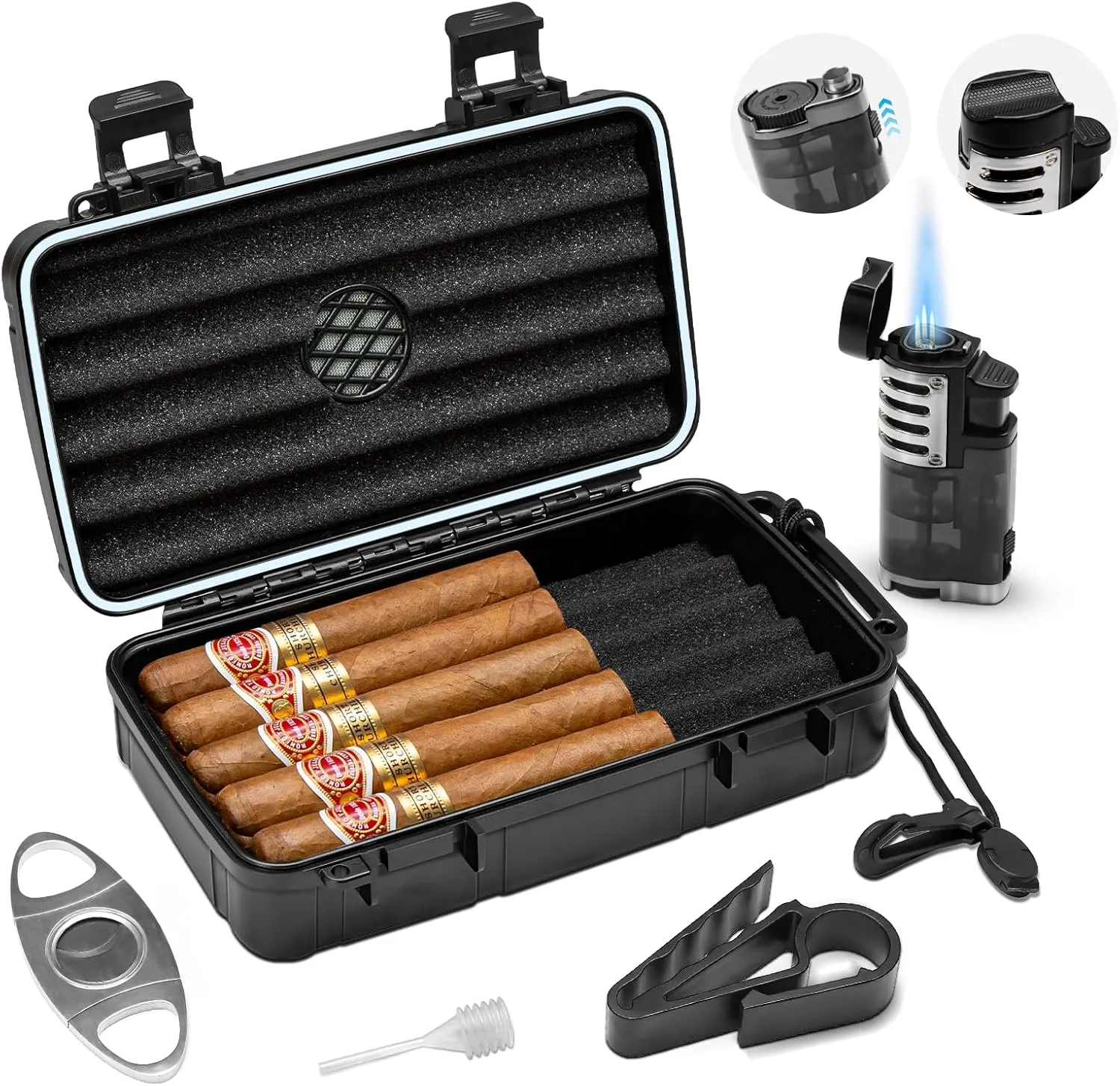 Flauno Travel Cigar Humidor Case - Portable Humidor Kit with Lighter (Without Gas), Cutter, Holder, Humidifier & Dropper, Waterproof, Crushproof, Airtight Seal (Holds up to 10 Cigars)