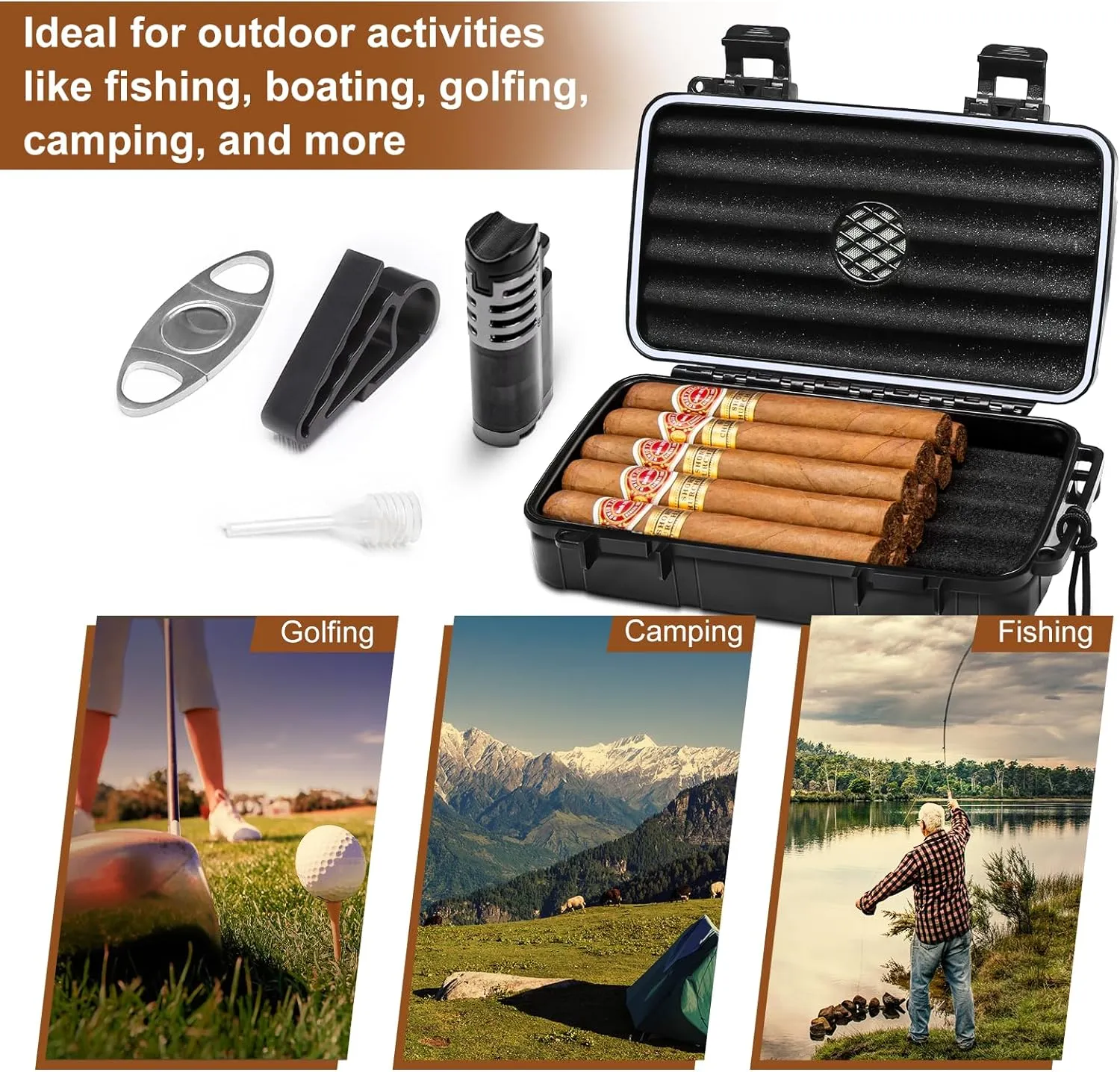 Flauno Travel Cigar Humidor Case - Portable Humidor Kit with Lighter (Without Gas), Cutter, Holder, Humidifier & Dropper, Waterproof, Crushproof, Airtight Seal (Holds up to 10 Cigars)