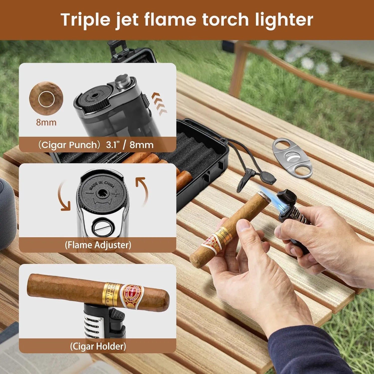 Flauno Travel Cigar Humidor Case - Portable Humidor Kit with Lighter (Without Gas), Cutter, Holder, Humidifier & Dropper, Waterproof, Crushproof, Airtight Seal (Holds up to 10 Cigars)