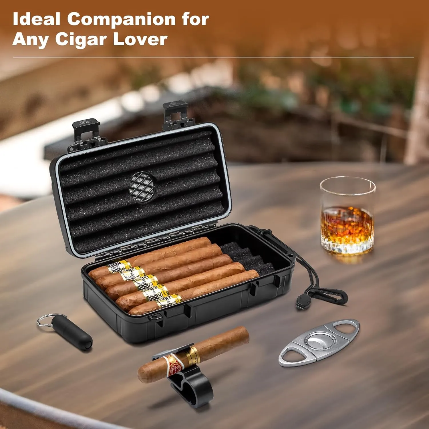 Flauno Travel Cigar Humidor Case - Portable Humidor Kit with Lighter (Without Gas), Cutter, Holder, Humidifier & Dropper, Waterproof, Crushproof, Airtight Seal (Holds up to 10 Cigars)