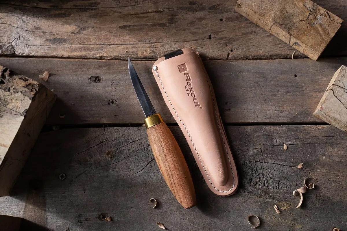 FLEXCUT Sloyd Knife KN50 | 1095 High Carbon Steel Blade | Full Tang Construction | 7 1/2 inch Overall Length, 2 7/8 inch Blade | Cherry Hardwood Handle | Includes Leather Sheath | Made in USA