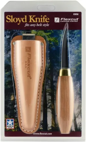 FLEXCUT Sloyd Knife KN50 | 1095 High Carbon Steel Blade | Full Tang Construction | 7 1/2 inch Overall Length, 2 7/8 inch Blade | Cherry Hardwood Handle | Includes Leather Sheath | Made in USA