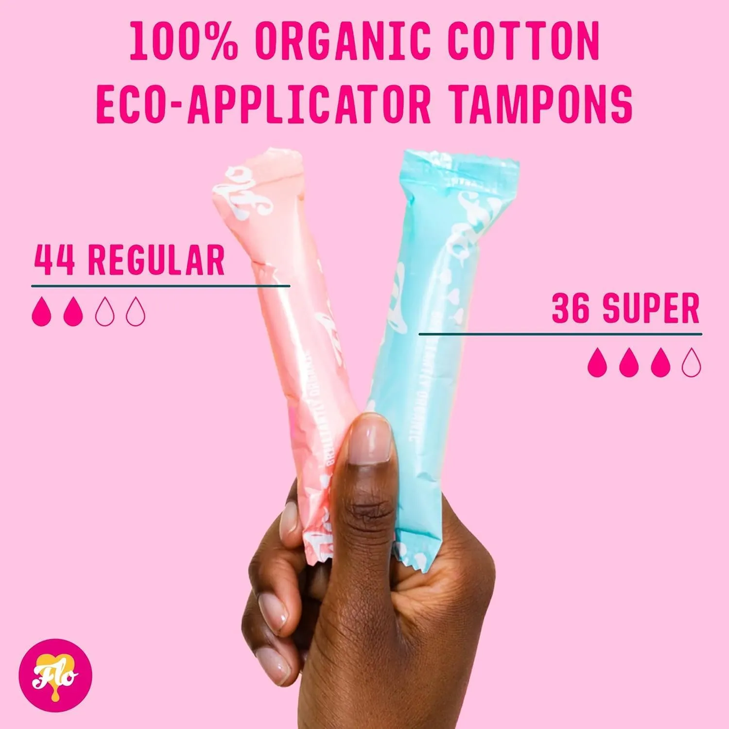 FLO Applicator Tampons, Made from Organic Cotton, Regular and Super Combo Pack, 80 Count (44 reg, 36 sup)