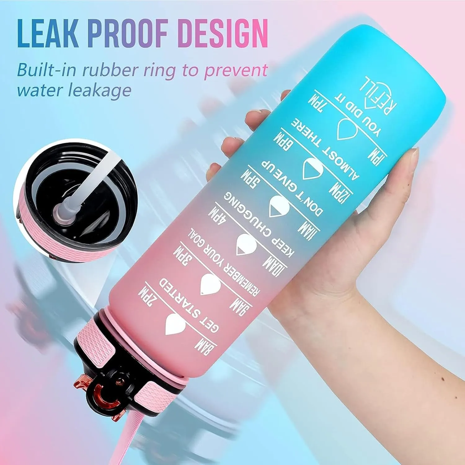 Floral Horse 32 oz Water Bottle with Times Marker to Drink and Straw, Carrying Strap, Leakproof Tritan BPA-Free, Ensure You Drink Enough Water for Fitness, Gym, Camping, Outdoor Sports