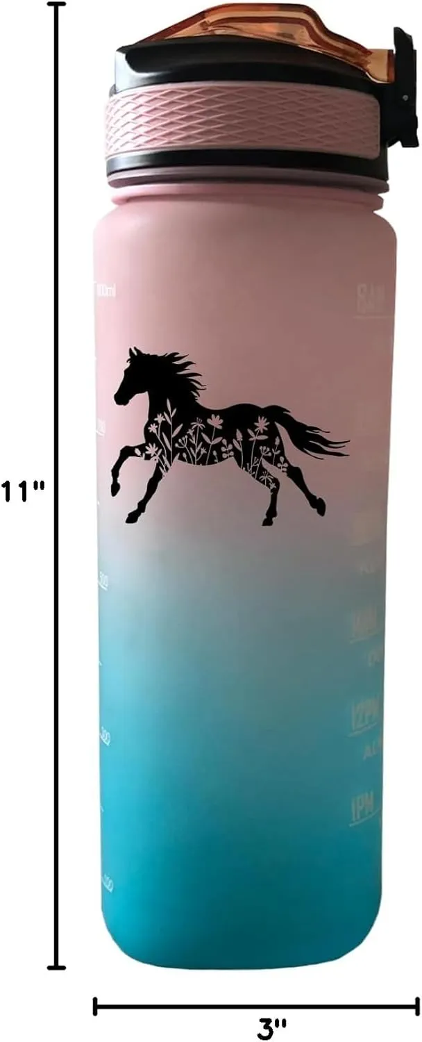 Floral Horse 32 oz Water Bottle with Times Marker to Drink and Straw, Carrying Strap, Leakproof Tritan BPA-Free, Ensure You Drink Enough Water for Fitness, Gym, Camping, Outdoor Sports