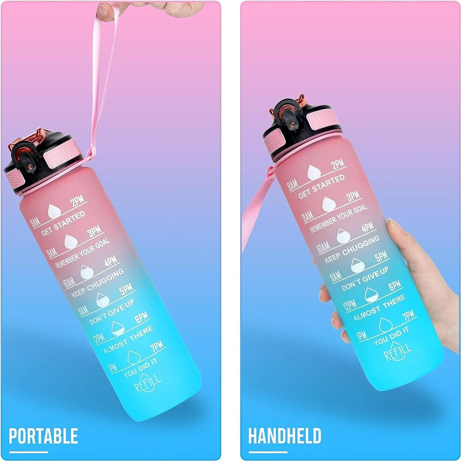 Floral Horse 32 oz Water Bottle with Times Marker to Drink and Straw, Carrying Strap, Leakproof Tritan BPA-Free, Ensure You Drink Enough Water for Fitness, Gym, Camping, Outdoor Sports