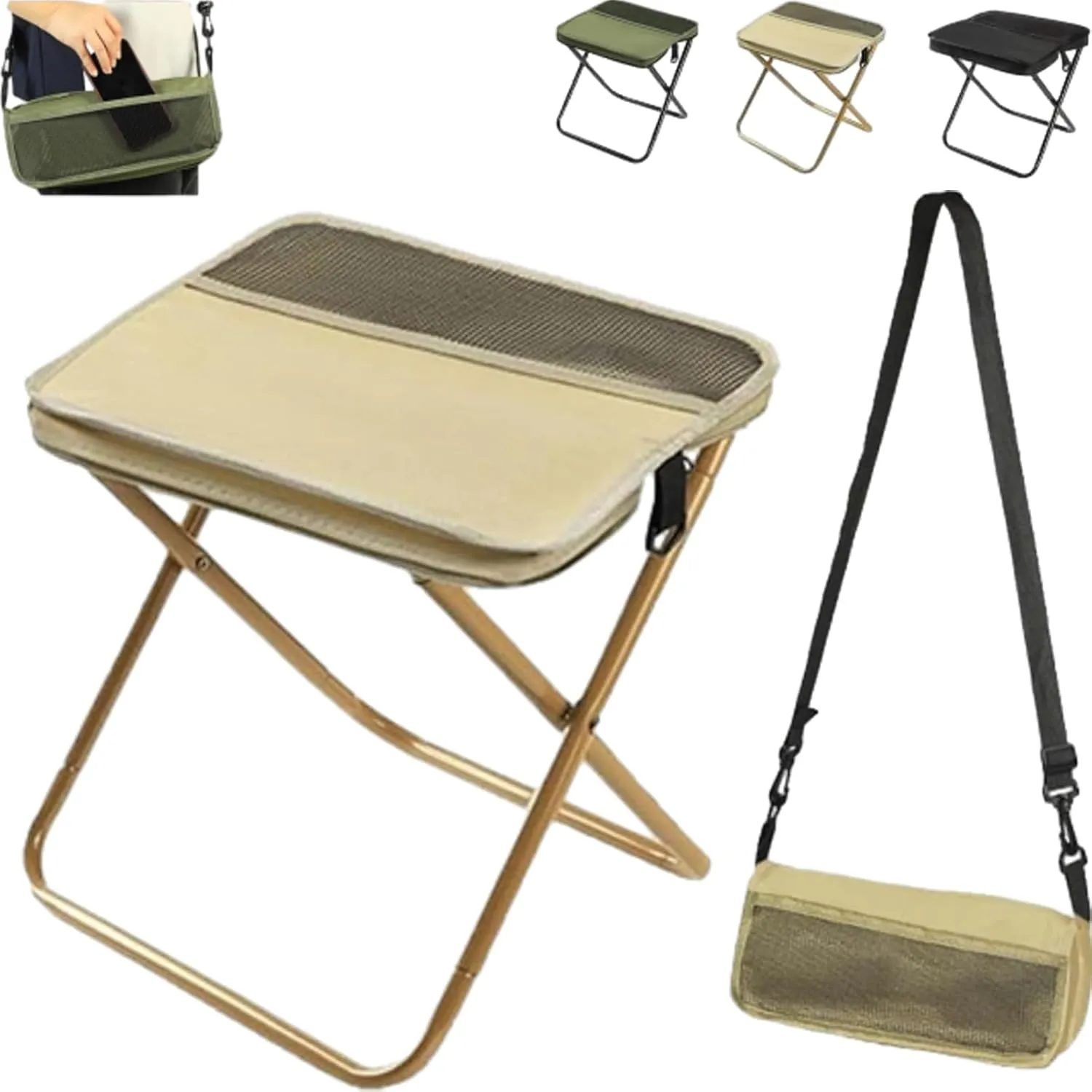 Foldable Backpack Stool, Portable Mini Outdoor Camping Folding Seat with Adjustable Shoulder Strap, Compact Ultra-Lightweight Collapsible Chair for Mountaineering, Hiking, Fishing (Beige-S)