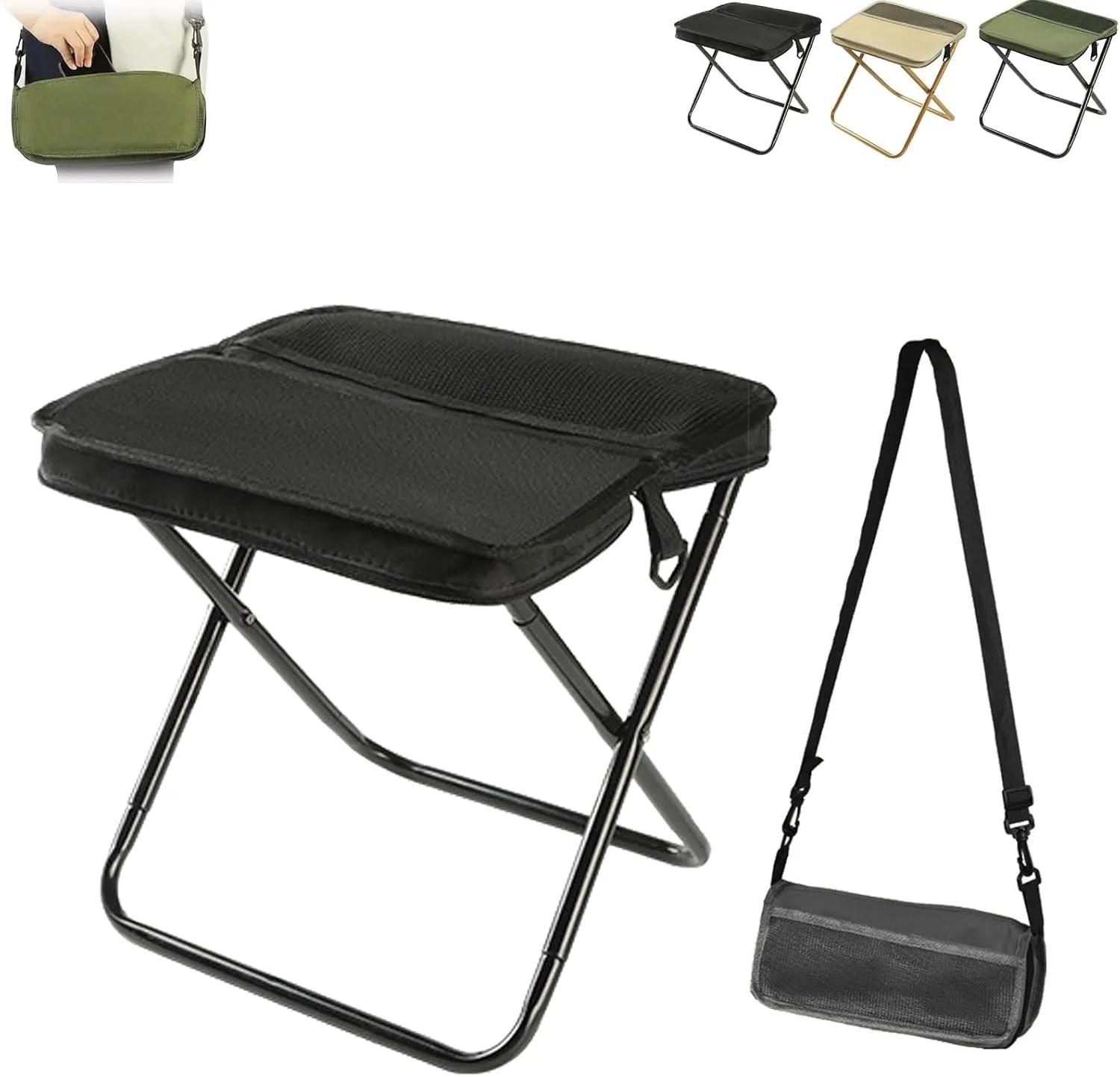 Foldable Backpack Stool,Outdoor Lightweight Mini Camping Collapsible Seat Stool,Compact Ultra-Lightweight Collapsible Chair,with Adjustable Shoulder Strap,for Outdoor,Fishing (Black,S)