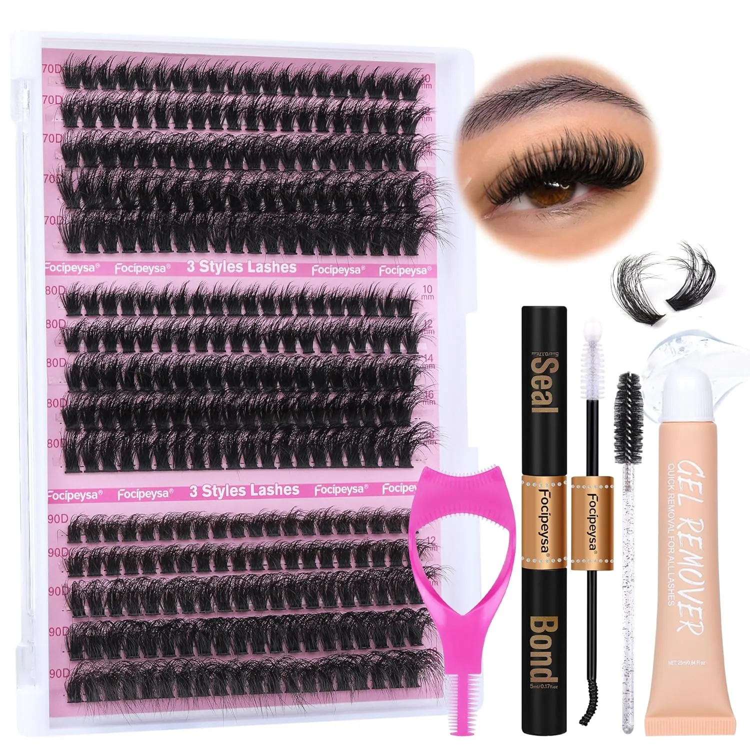 Full Volume Eyelash Extension Kit Thick Lash Extension Kit Lash Clusters Individual Eyelashes Kit with Lash Bond and Seal, Lash Remover DIY Eyelash Extension Kit for Beginner by Focipeysa