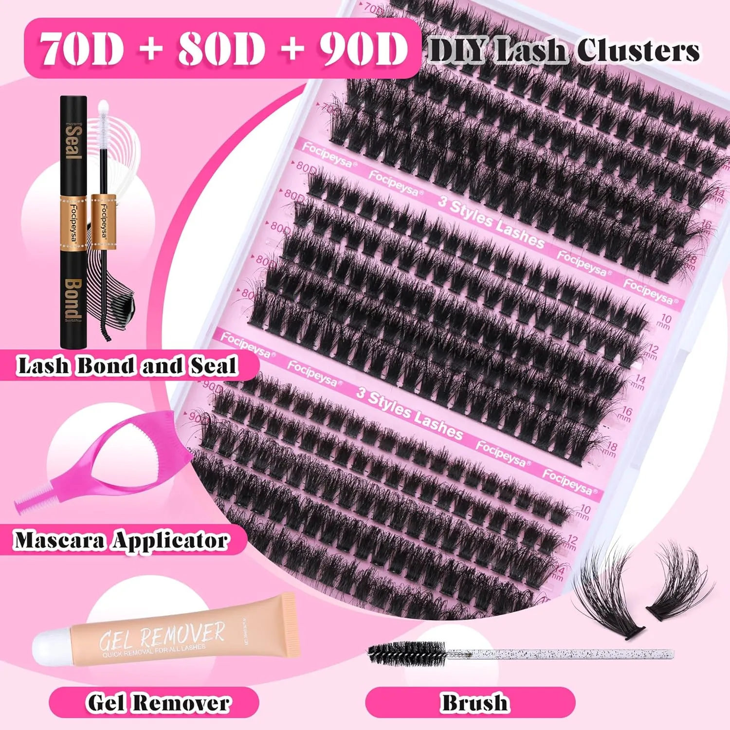 Full Volume Eyelash Extension Kit Thick Lash Extension Kit Lash Clusters Individual Eyelashes Kit with Lash Bond and Seal, Lash Remover DIY Eyelash Extension Kit for Beginner by Focipeysa