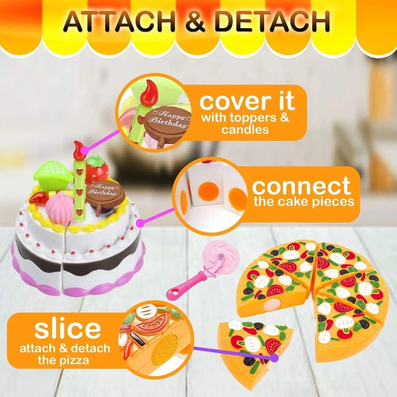 FUNERICA Play Food Goodies Set - Features Cutting Pizza, Ice Cream, Toy Birthday Cake, Fries, Dessert – Pretend Kitchen Toys for Toddlers, Boys, Girls