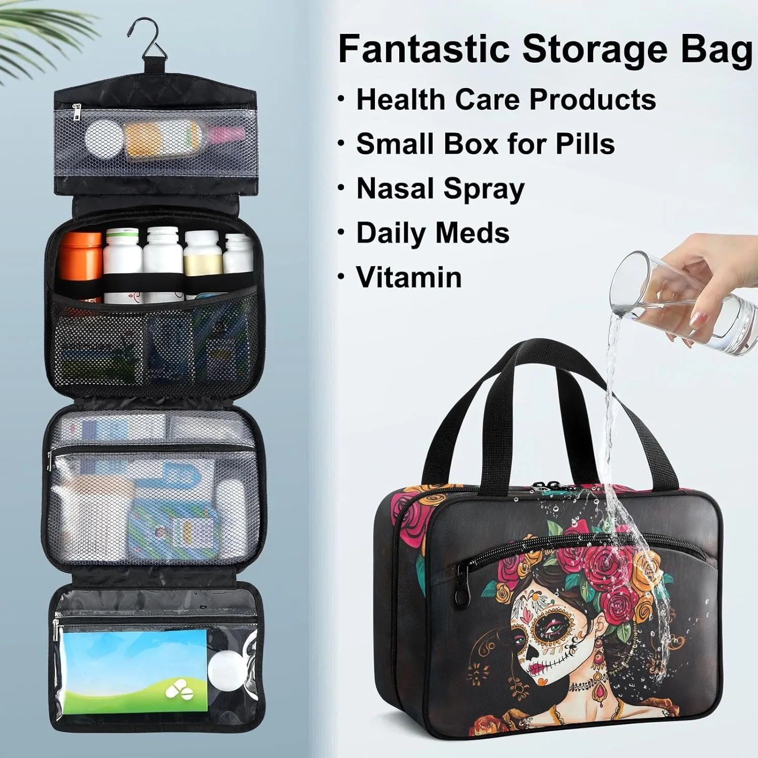 Fustylead Beautiful Catrina with Roses in Hair Large Medical Storage Bag with Zipper Empty First Aid Bag Trauma Kit for Traveling Hiking Camping Backpacking