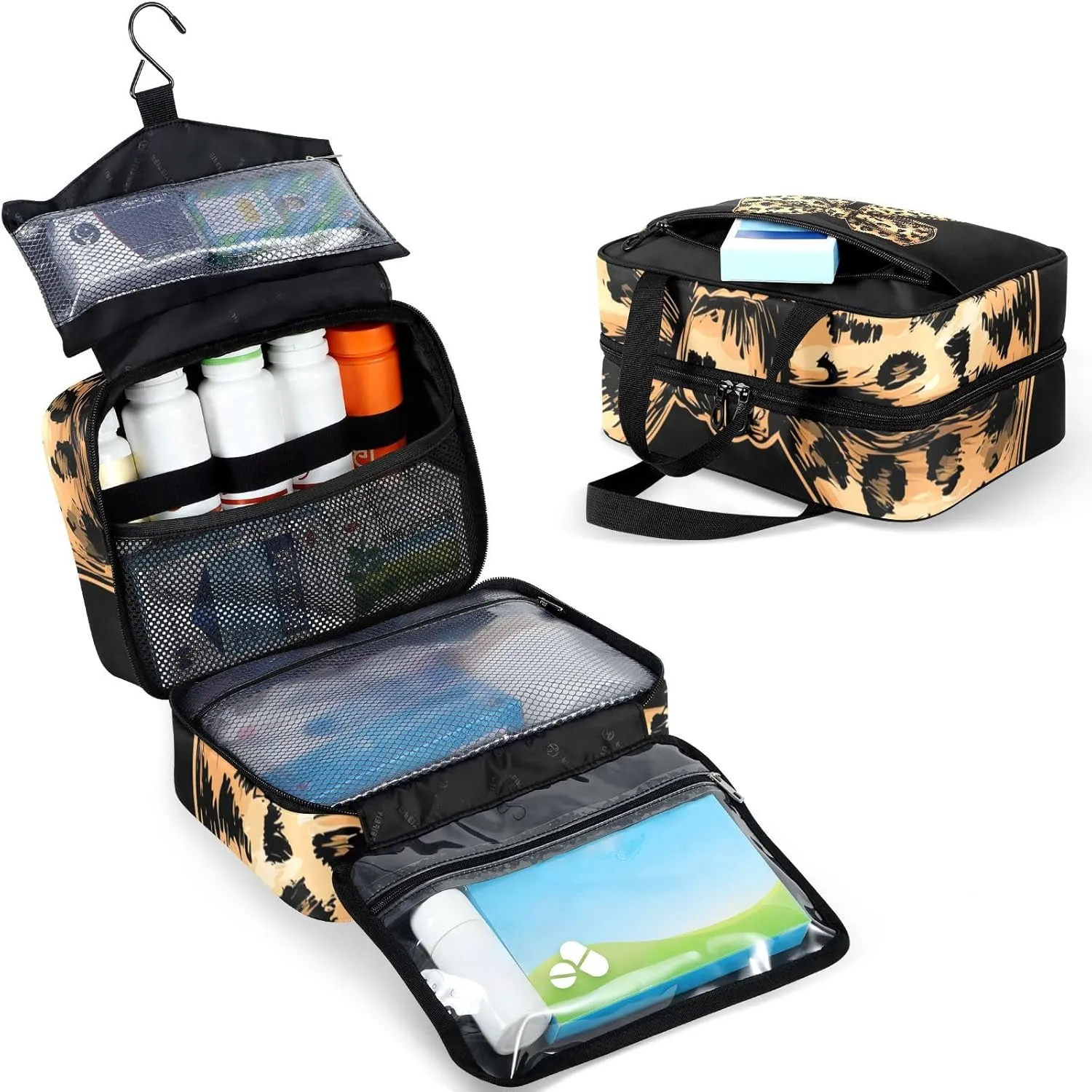 Fustylead Brown Bow Tie with Leopard Skin Travel Medicine Storage Bag Large Household Pill Bottle Organizer with Zipper for First Aid, Pills, Vitamins, Medical Supplies