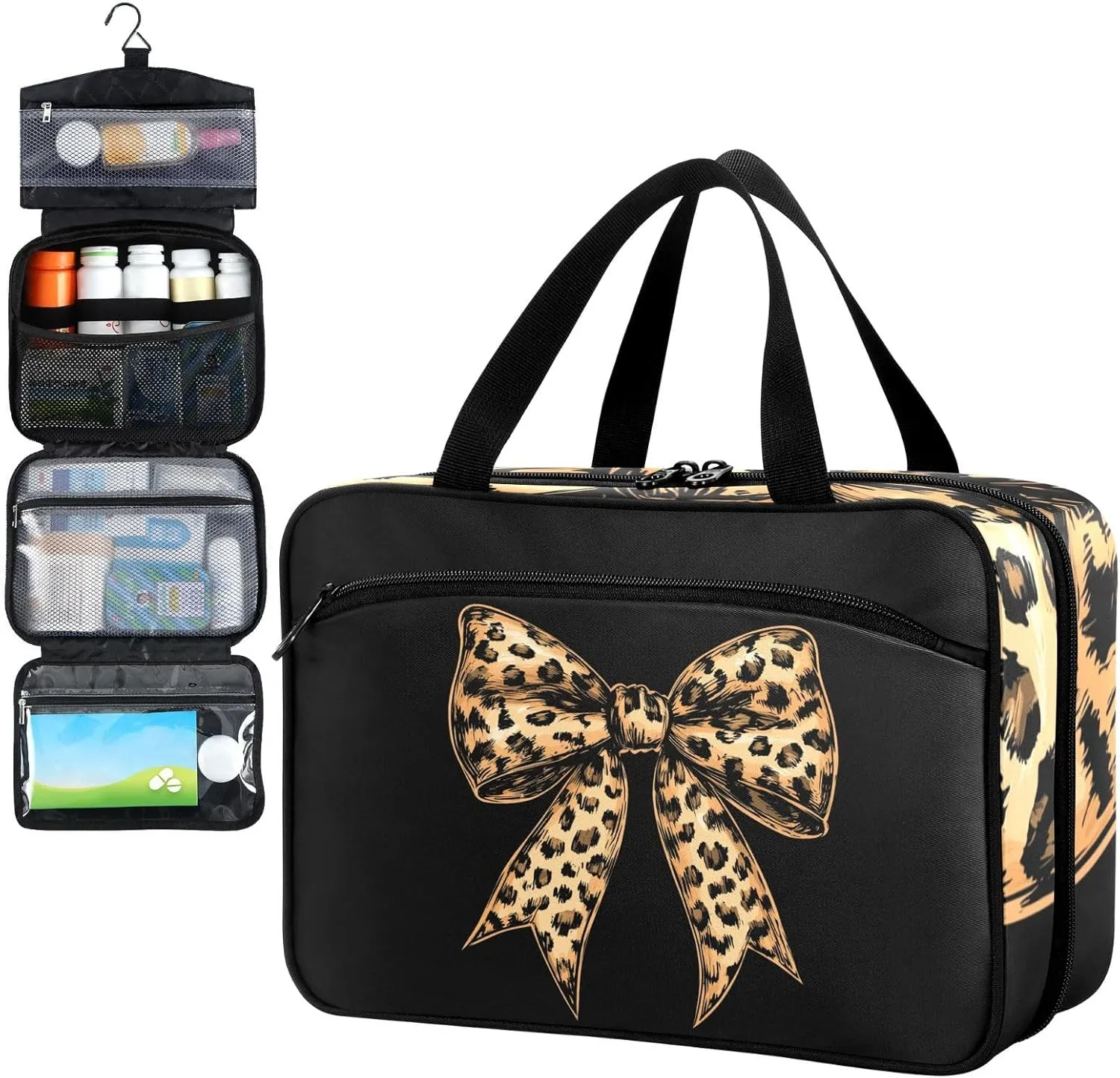Fustylead Brown Bow Tie with Leopard Skin Travel Medicine Storage Bag Large Household Pill Bottle Organizer with Zipper for First Aid, Pills, Vitamins, Medical Supplies