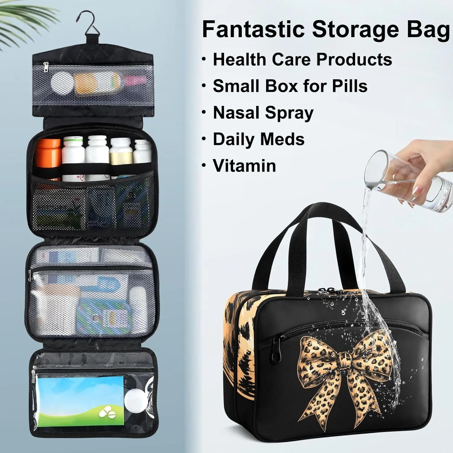 Fustylead Brown Bow Tie with Leopard Skin Travel Medicine Storage Bag Large Household Pill Bottle Organizer with Zipper for First Aid, Pills, Vitamins, Medical Supplies