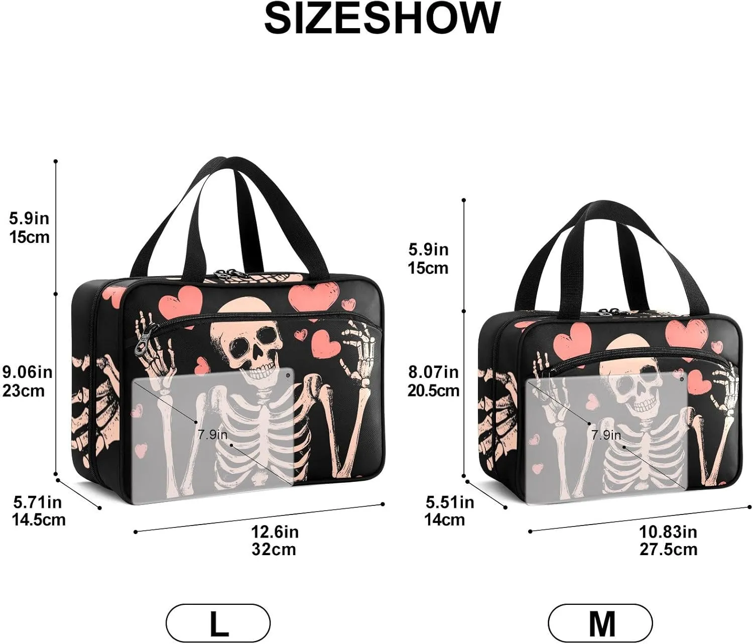 Fustylead Happy Skeleton and Hearts Large Medicine Bag Travel Pill Bottle Organizer with Zipper, Empty First Aid Bag for Camping Hiking Outdoors