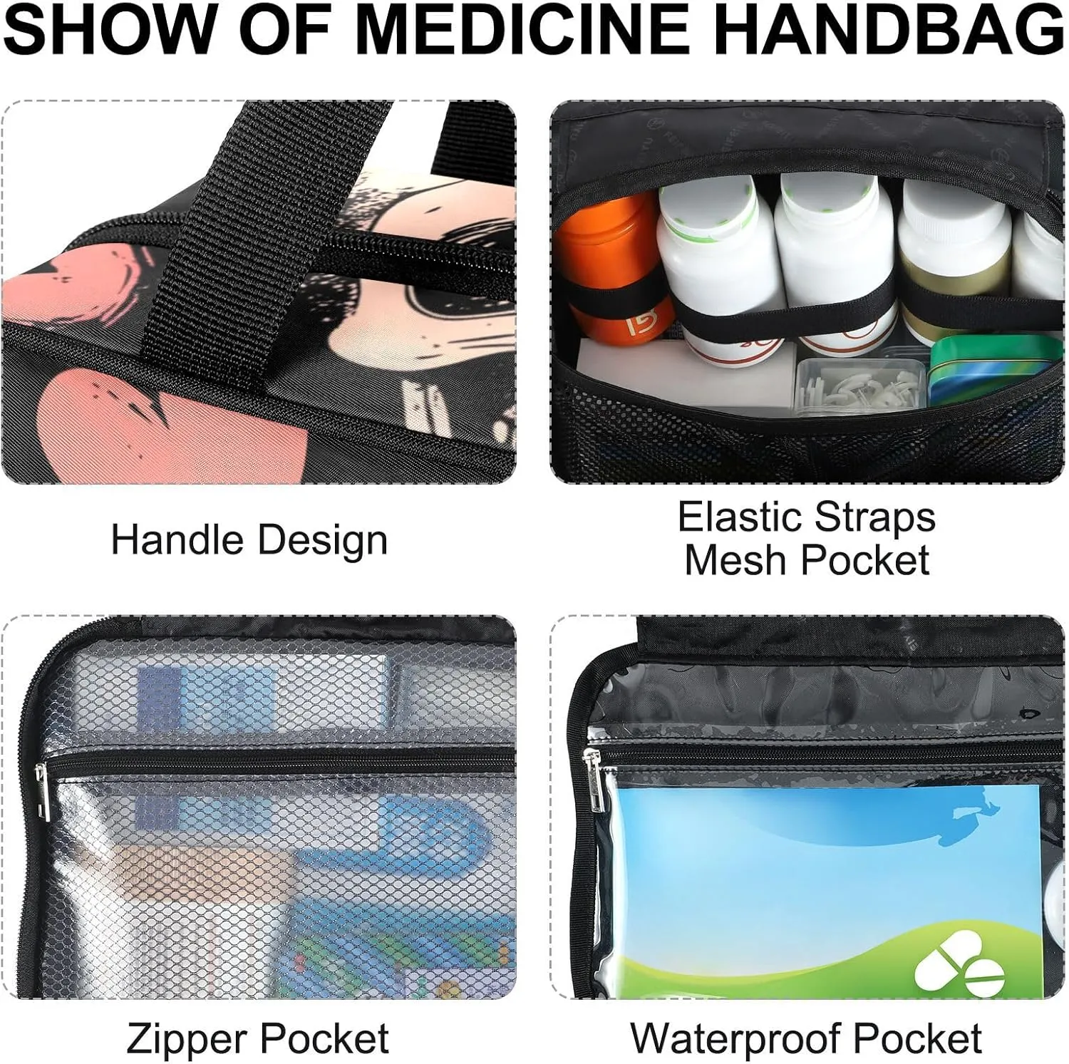 Fustylead Happy Skeleton and Hearts Large Medicine Bag Travel Pill Bottle Organizer with Zipper, Empty First Aid Bag for Camping Hiking Outdoors