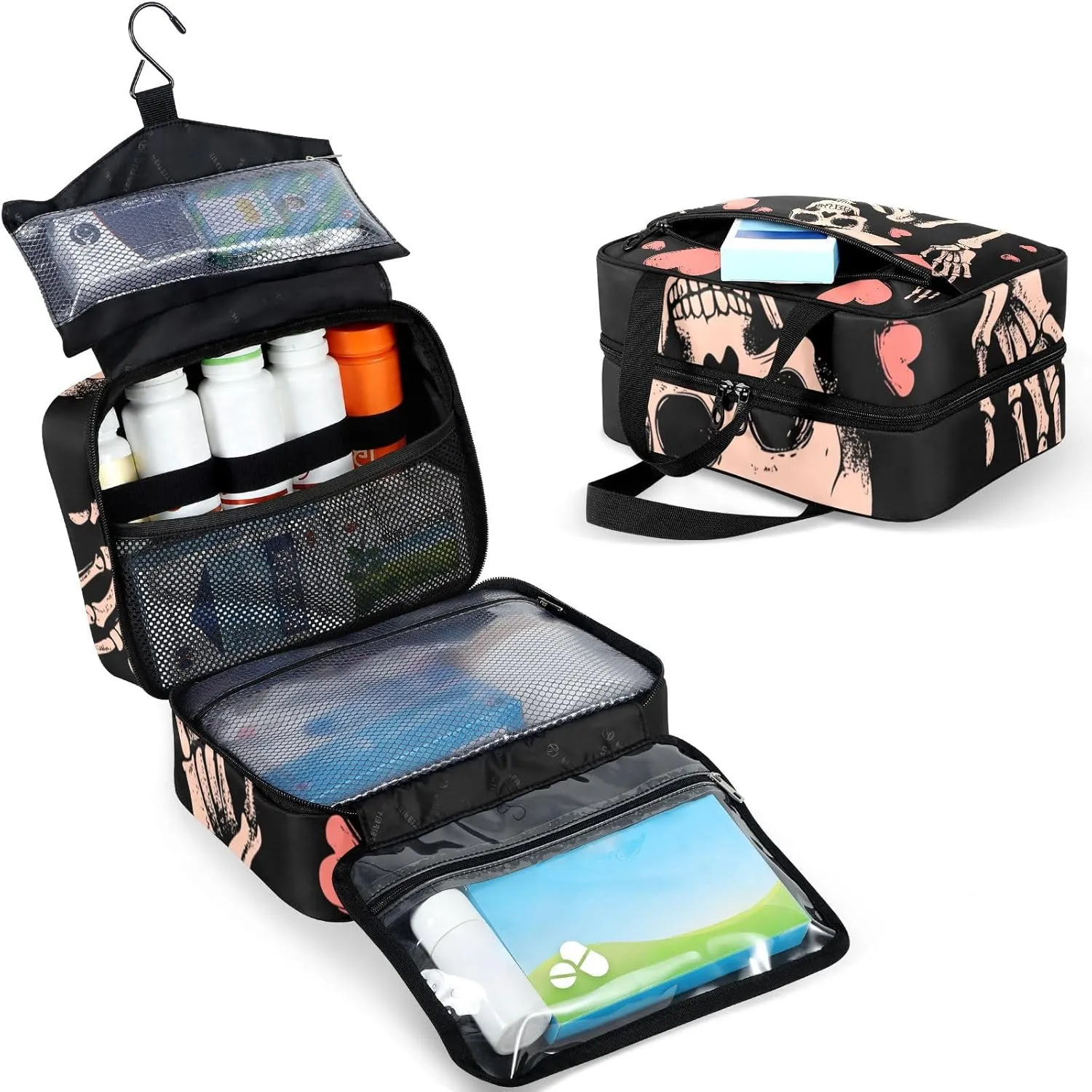 Fustylead Happy Skeleton and Hearts Large Medicine Bag Travel Pill Bottle Organizer with Zipper, Empty First Aid Bag for Camping Hiking Outdoors