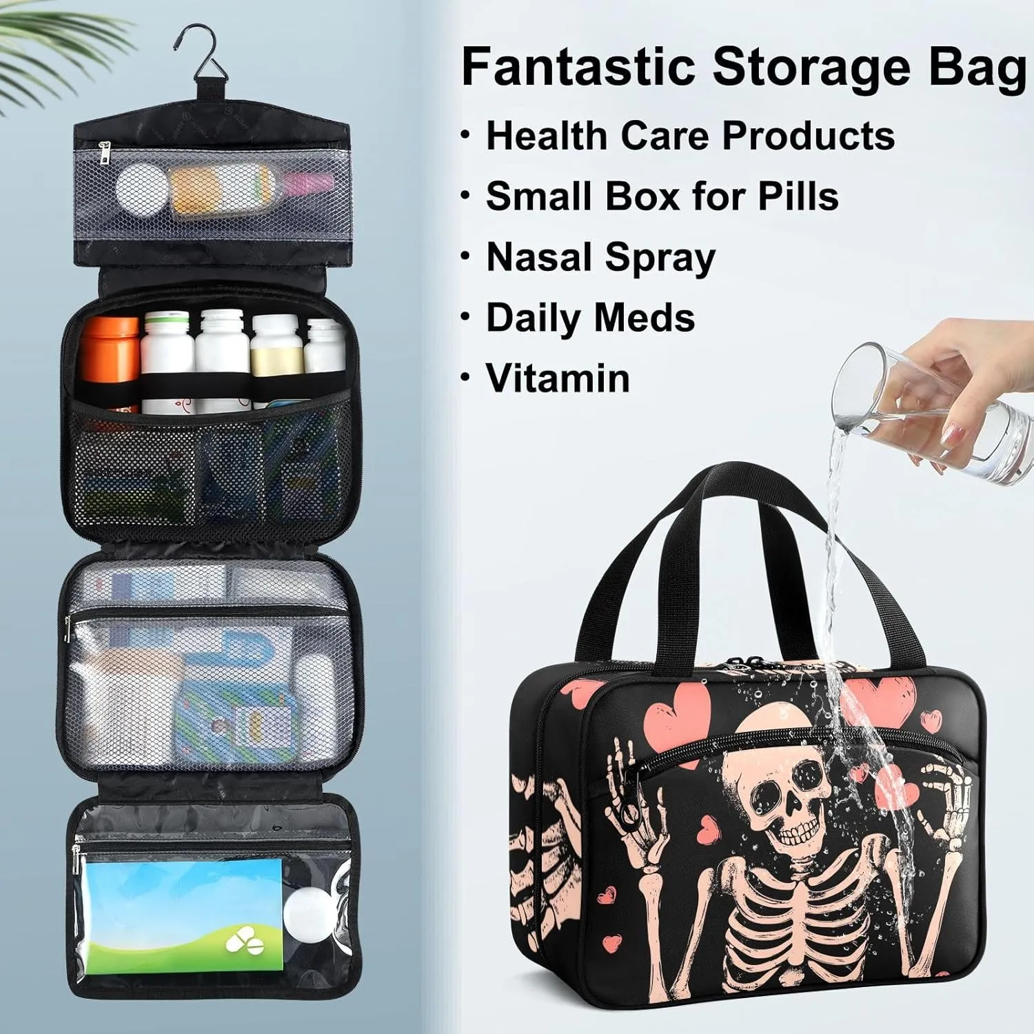 Fustylead Happy Skeleton and Hearts Large Medicine Bag Travel Pill Bottle Organizer with Zipper, Empty First Aid Bag for Camping Hiking Outdoors
