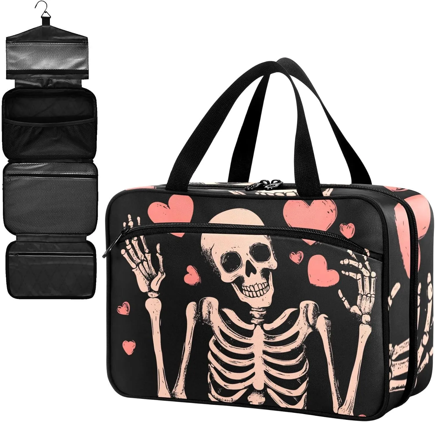 Fustylead Happy Skeleton and Hearts Large Medicine Bag Travel Pill Bottle Organizer with Zipper, Empty First Aid Bag for Camping Hiking Outdoors
