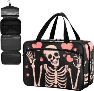 Fustylead Happy Skeleton and Hearts Large Medicine Bag Travel Pill Bottle Organizer with Zipper, Empty First Aid Bag for Camping Hiking Outdoors