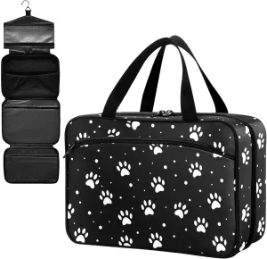 Fustylead White Dog Paw Prints on Black Background Large Medical Supplies Organizer Bag with Zipper Empty First Aid Bag Trauma Kit for Traveling Hiking Camping
