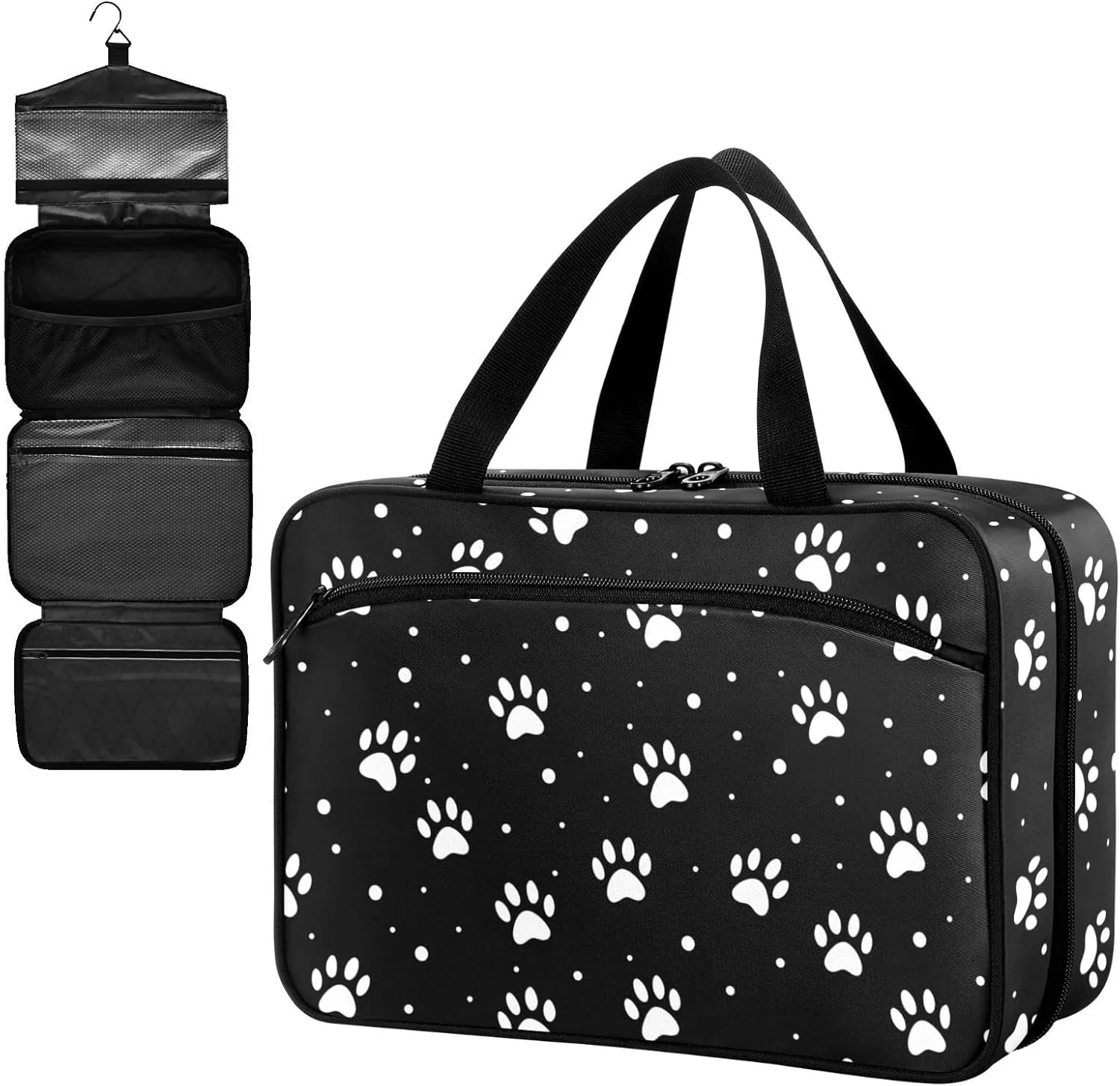 Fustylead White Dog Paw Prints on Black Background Large Medical Supplies Organizer Bag with Zipper Empty First Aid Bag Trauma Kit for Traveling Hiking Camping