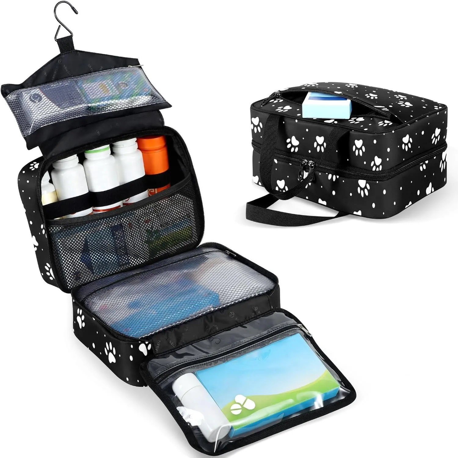 Fustylead White Dog Paw Prints on Black Background Large Medical Supplies Organizer Bag with Zipper Empty First Aid Bag Trauma Kit for Traveling Hiking Camping