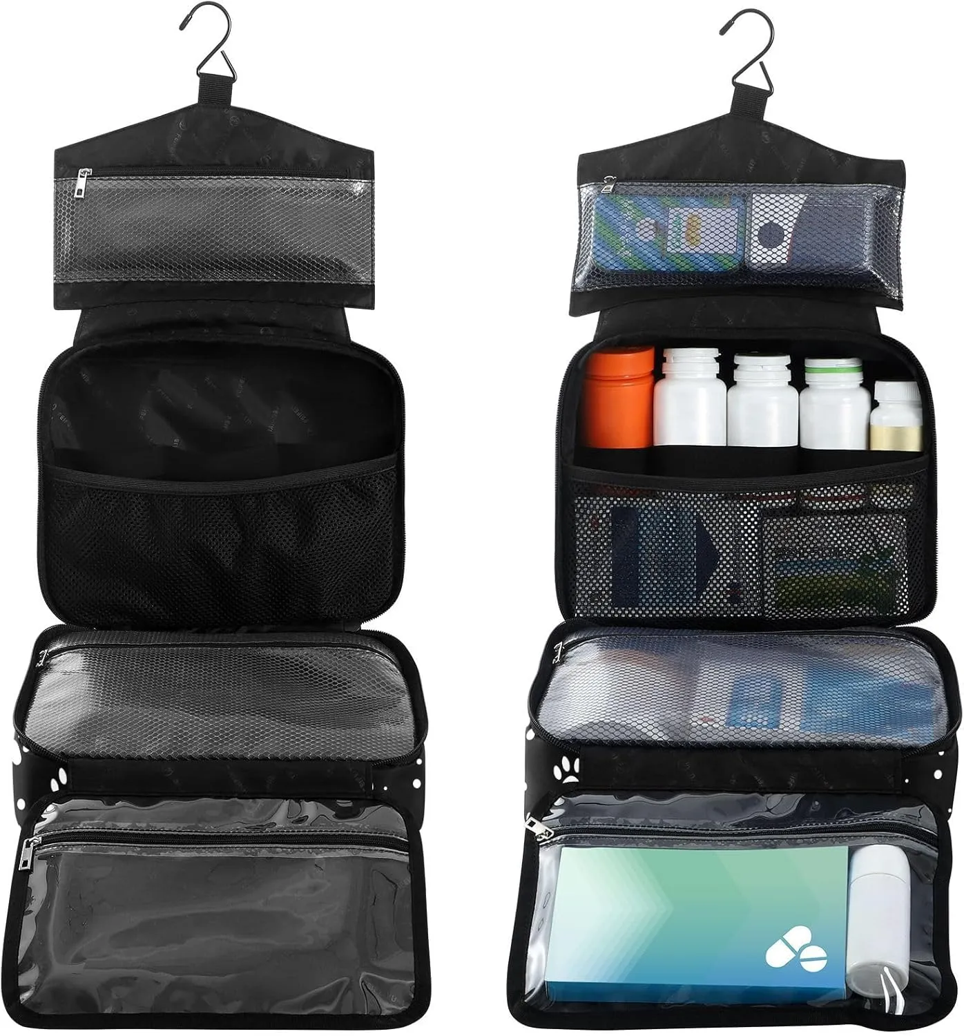 Fustylead White Dog Paw Prints on Black Background Large Medical Supplies Organizer Bag with Zipper Empty First Aid Bag Trauma Kit for Traveling Hiking Camping