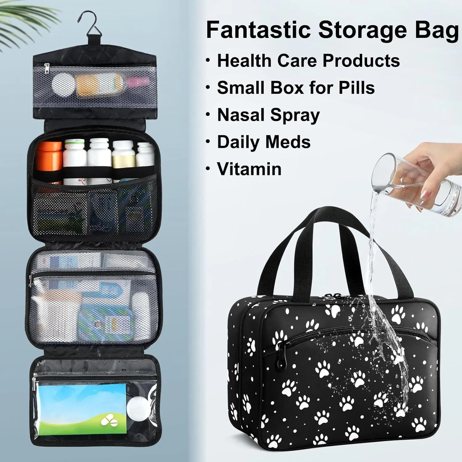 Fustylead White Dog Paw Prints on Black Background Large Medical Supplies Organizer Bag with Zipper Empty First Aid Bag Trauma Kit for Traveling Hiking Camping