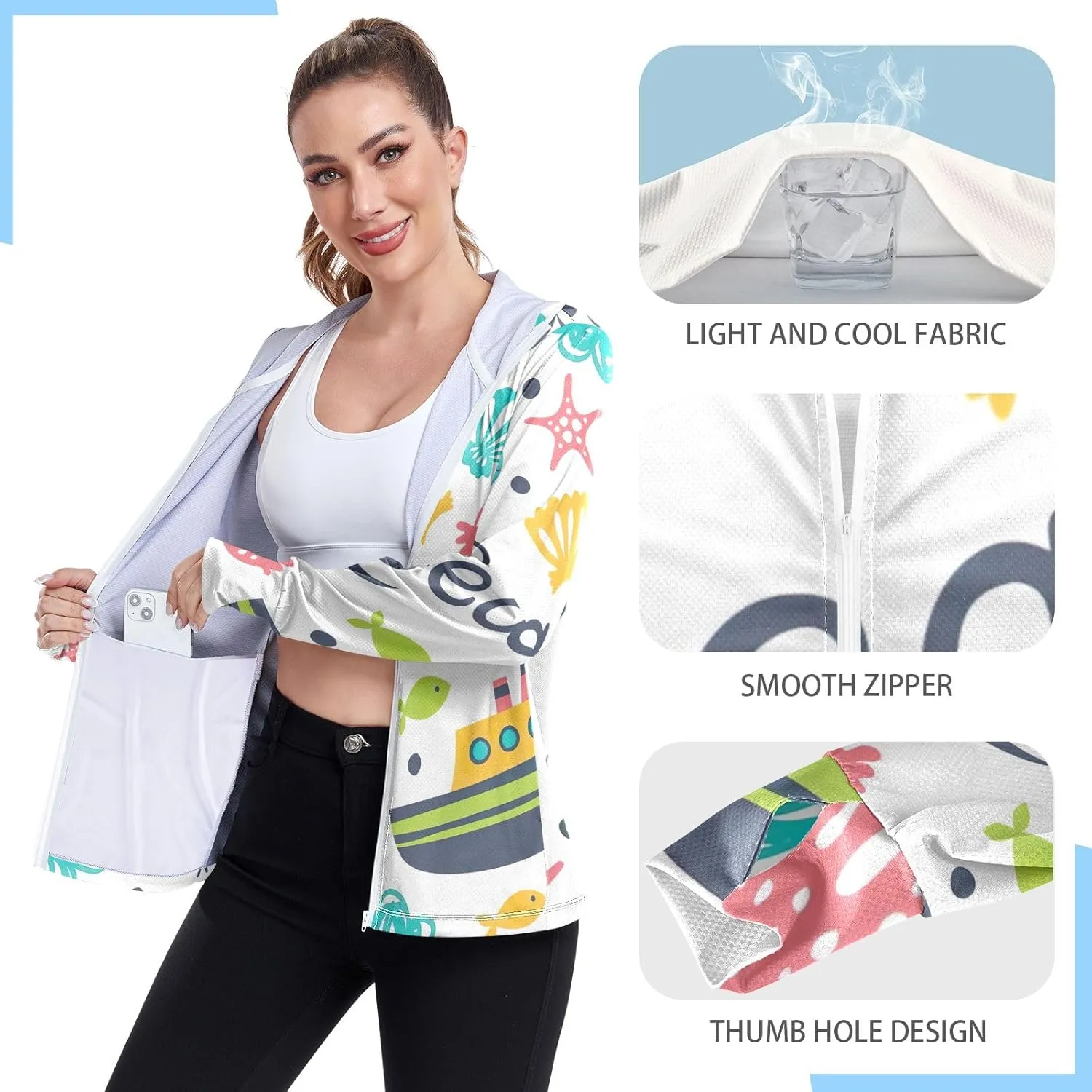 GAIGEO Blue Flowers Green Leaves Women Jacket Active UPF 50  Uv Protection Clothing Women, Secure Pockets, S