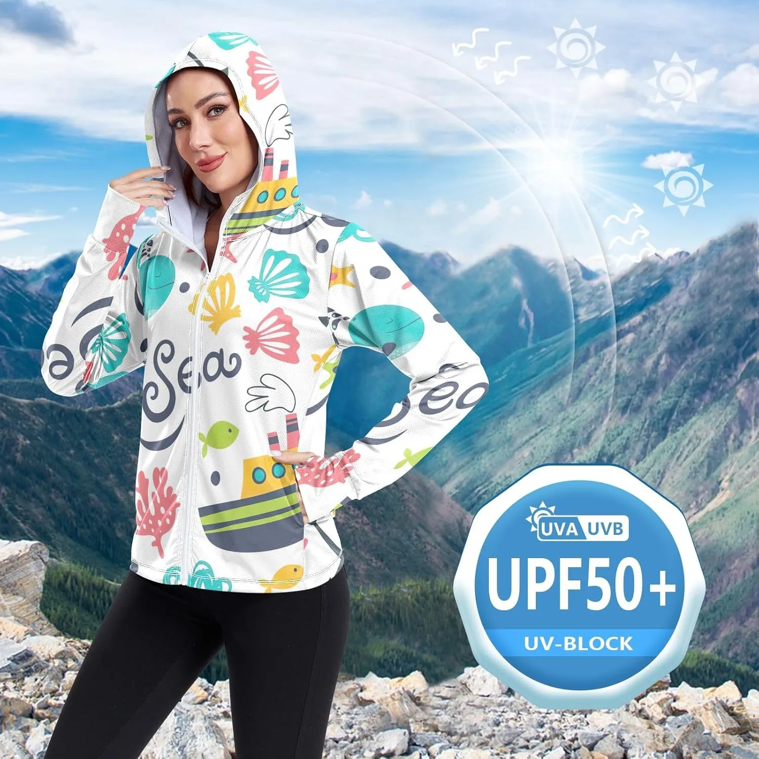 GAIGEO Blue Flowers Green Leaves Women Jacket Active UPF 50  Uv Protection Clothing Women, Secure Pockets, S