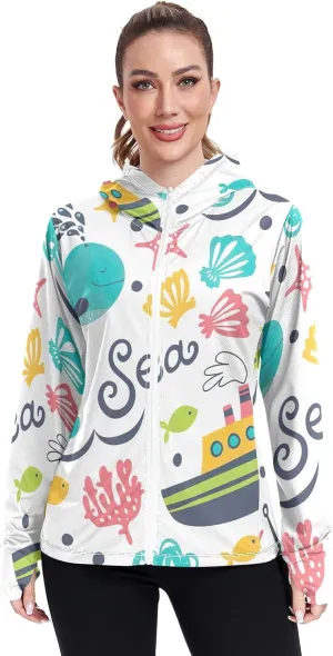 GAIGEO Blue Flowers Green Leaves Women Jacket Active UPF 50  Uv Protection Clothing Women, Secure Pockets, S
