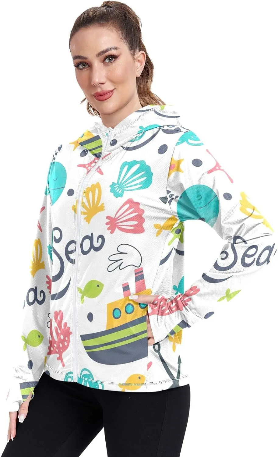 GAIGEO Blue Flowers Green Leaves Women Jacket Active UPF 50  Uv Protection Clothing Women, Secure Pockets, S