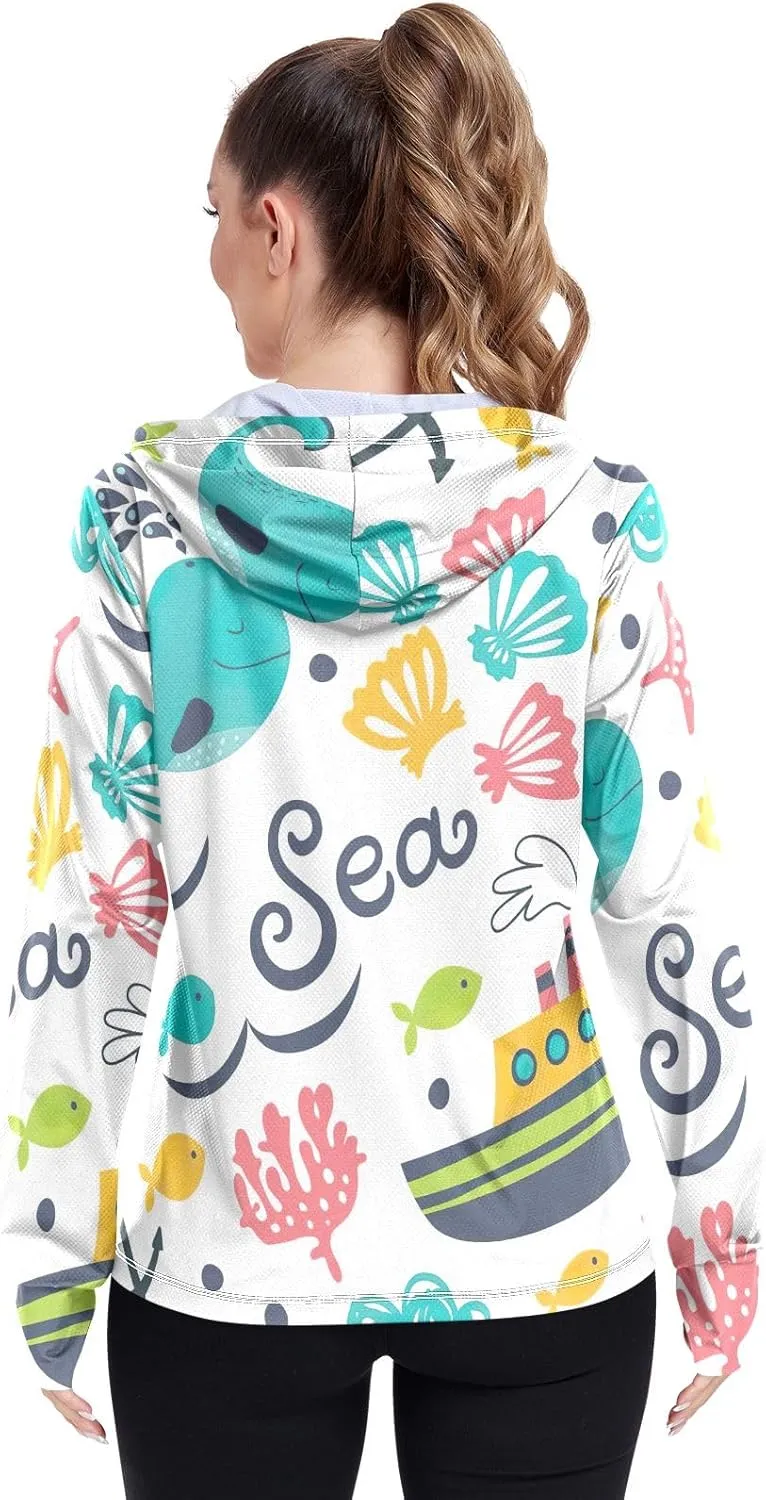GAIGEO Blue Flowers Green Leaves Women Jacket Active UPF 50  Uv Protection Clothing Women, Secure Pockets, S