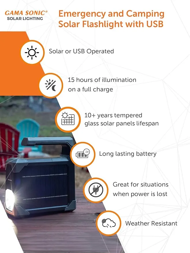 GAMA SONIC Solar-Powered Emergency Flashlight and Camping Lantern with USB Charging Port, 1000 Lumens